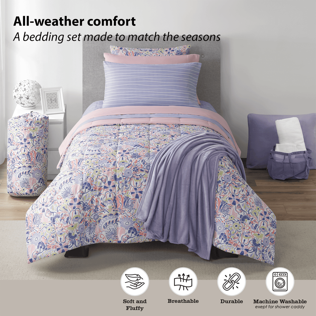 Heavyweight Warmth 14pc College Dorm Essentials Bundle, Twin-XL, Reversible Bed in a Bag Comforter Set, Purple Floral - All-Season Down Alternative Comforter Insert Detail
