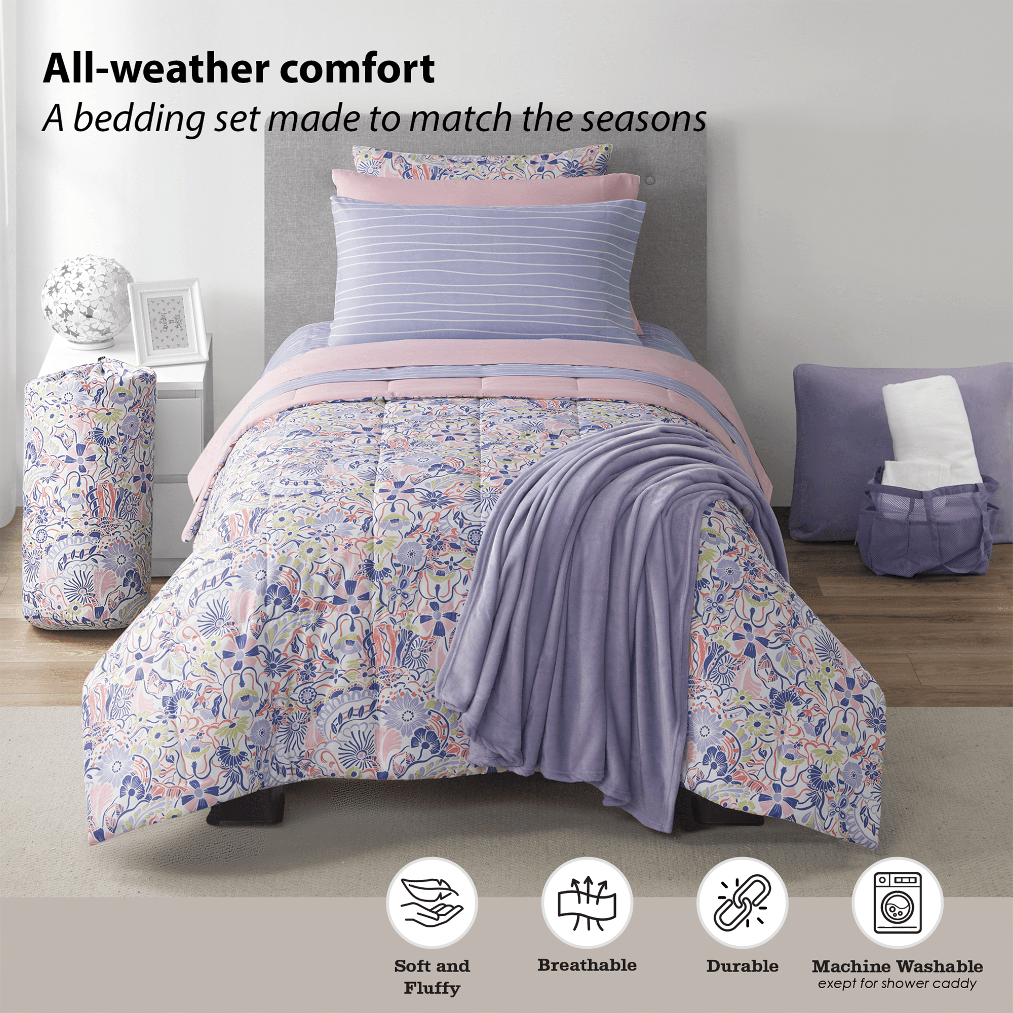 Heavyweight Warmth 14pc College Dorm Essentials Bundle, Twin-XL, Reversible Bed in a Bag Comforter Set, Purple Floral - All-Season Down Alternative Comforter Insert Detail
