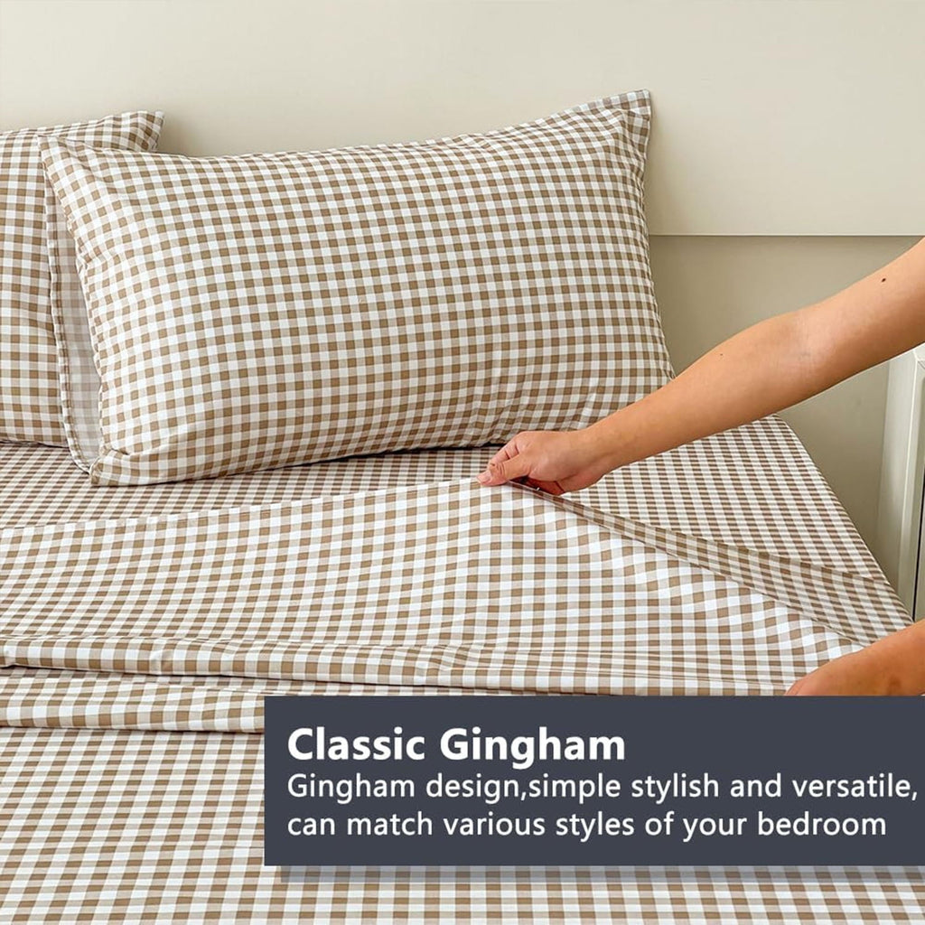 Cooling Sateen Sheet Set, Soft Brushed Microfiber Taupe Plaid Sheets, 4-Piece Brown Grid Set with Deep Pocket - Cooling Hotel Quality Bedding Sheets and Pillowcases Detail