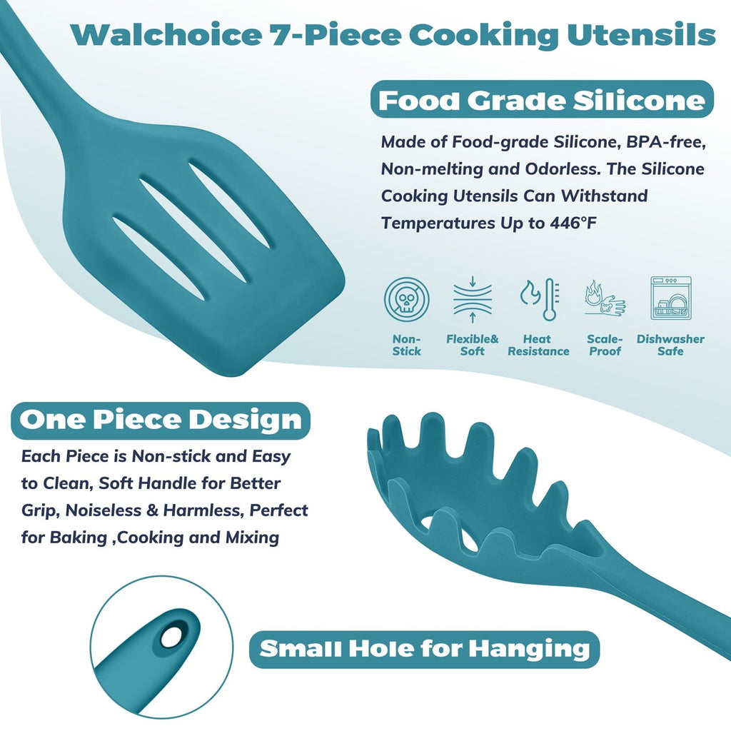 Professional Grade 7-Piece Silicone Cooking Utensils Set, Blue Kitchen Utensils, Non-stick Gadgets Tools Include Slotted Turner, Soup La... - High-Precision Culinary Tool for Baking & Cooking Detail
