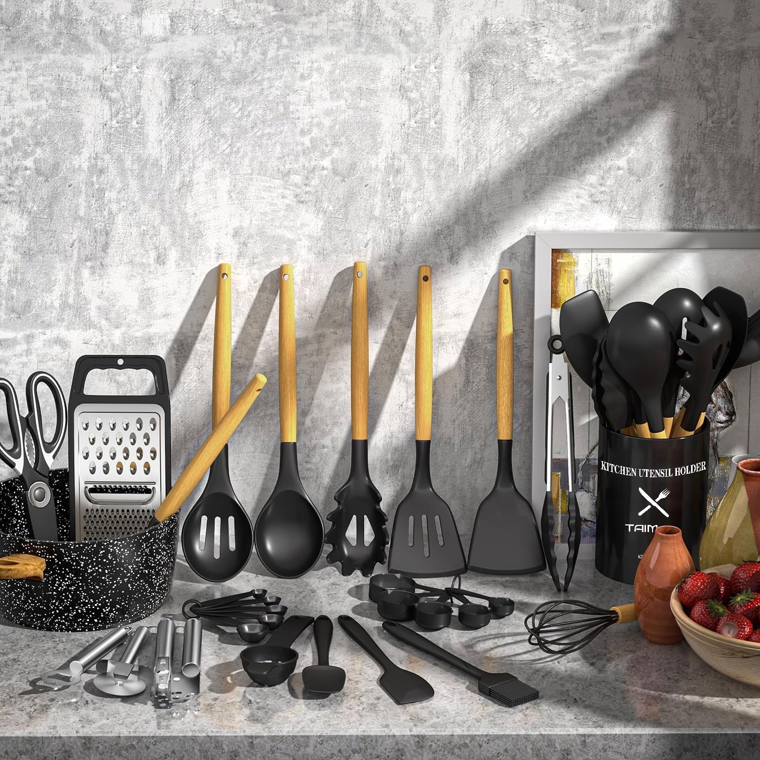 Chef-Quality Kitchen Utensil Set, 34Pieces Silicone Cooking Utensil Set with Wooden Handle, Heat Resistant Spatula Set Gadg... - Multi-Purpose Hand Tool for Daily Meal Prep Detail