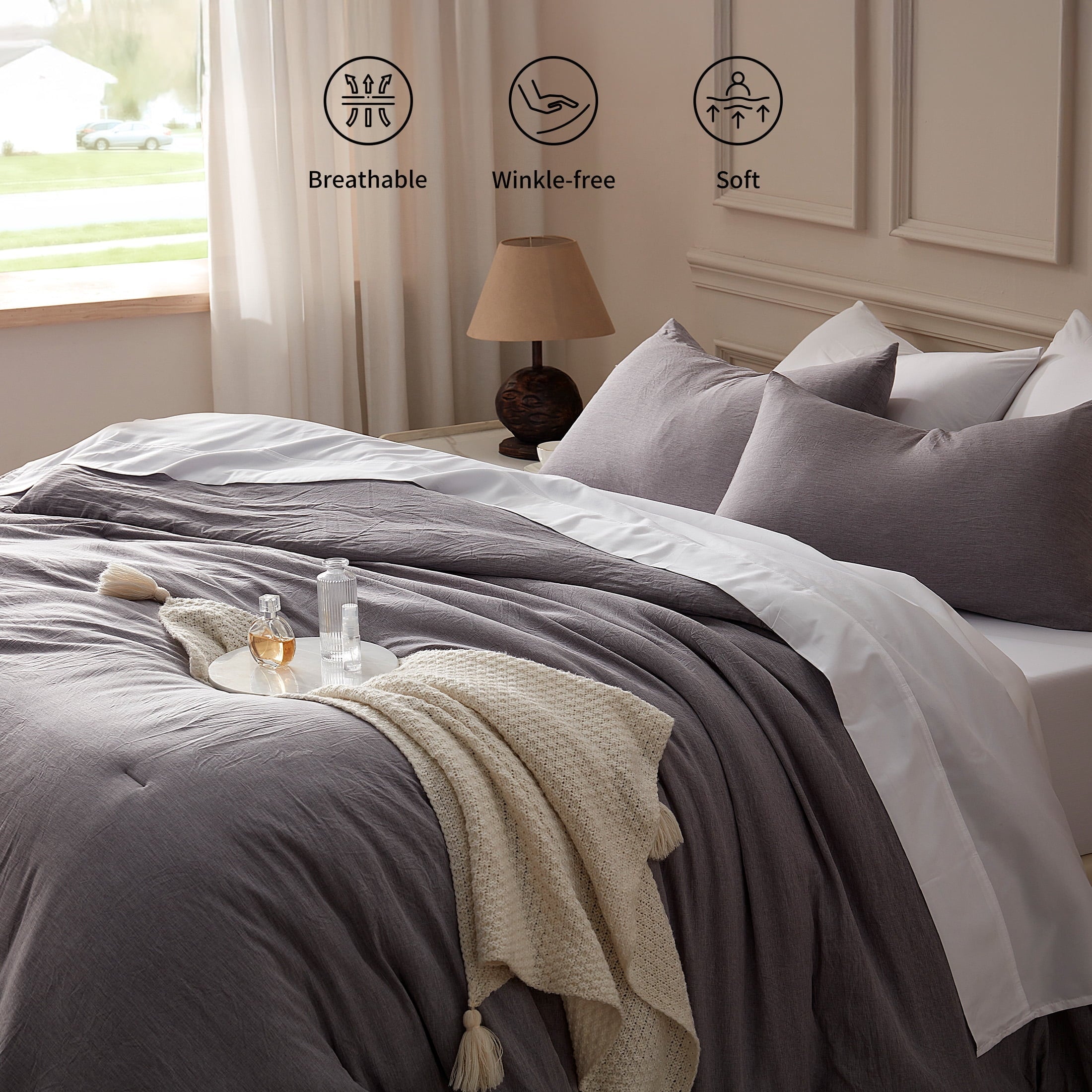 All-Season Washed Comforter Set Full Size - 3 Pieces Soft Luxury Cationic Dyeing Bedding Sets, Linen-Like Texture Breathable Wri... - All-Season Down Alternative Comforter Insert Detail