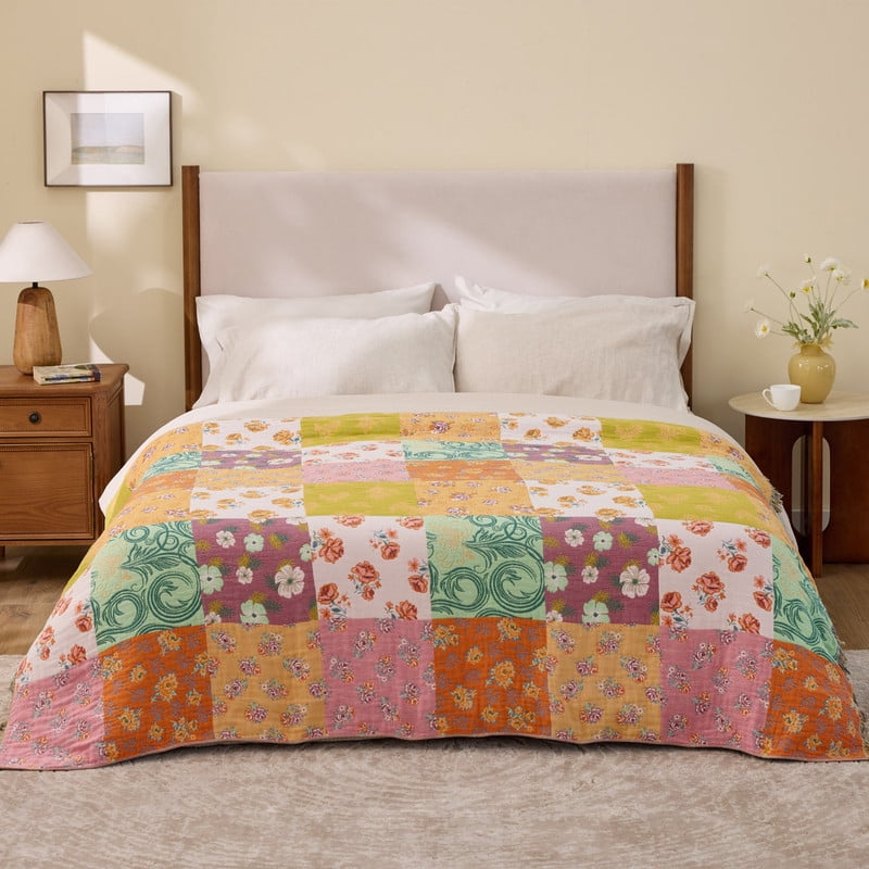 Cozy Fleece 100% Cotton Boho Blankets for Home Decor – Colorful Patchwork Reversible Farmhouse Quilt Bedding, Vintage Woven Decor... - Super Soft Reversible Sherpa Flannel Blanket Detail