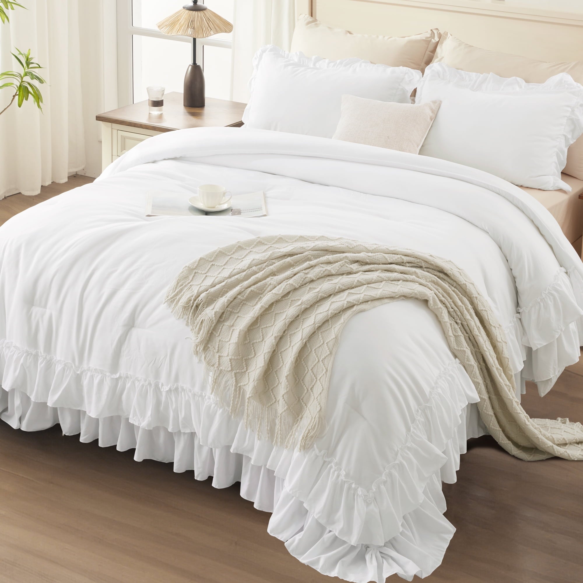 Heavyweight Warmth Queen Comforter Set White - 3 Pieces Soft Fluffy Ruffle Bedding Comforter Sets for Queen Bed, All Season Farmhouse Li... - All-Season Down Alternative Comforter Insert Detail