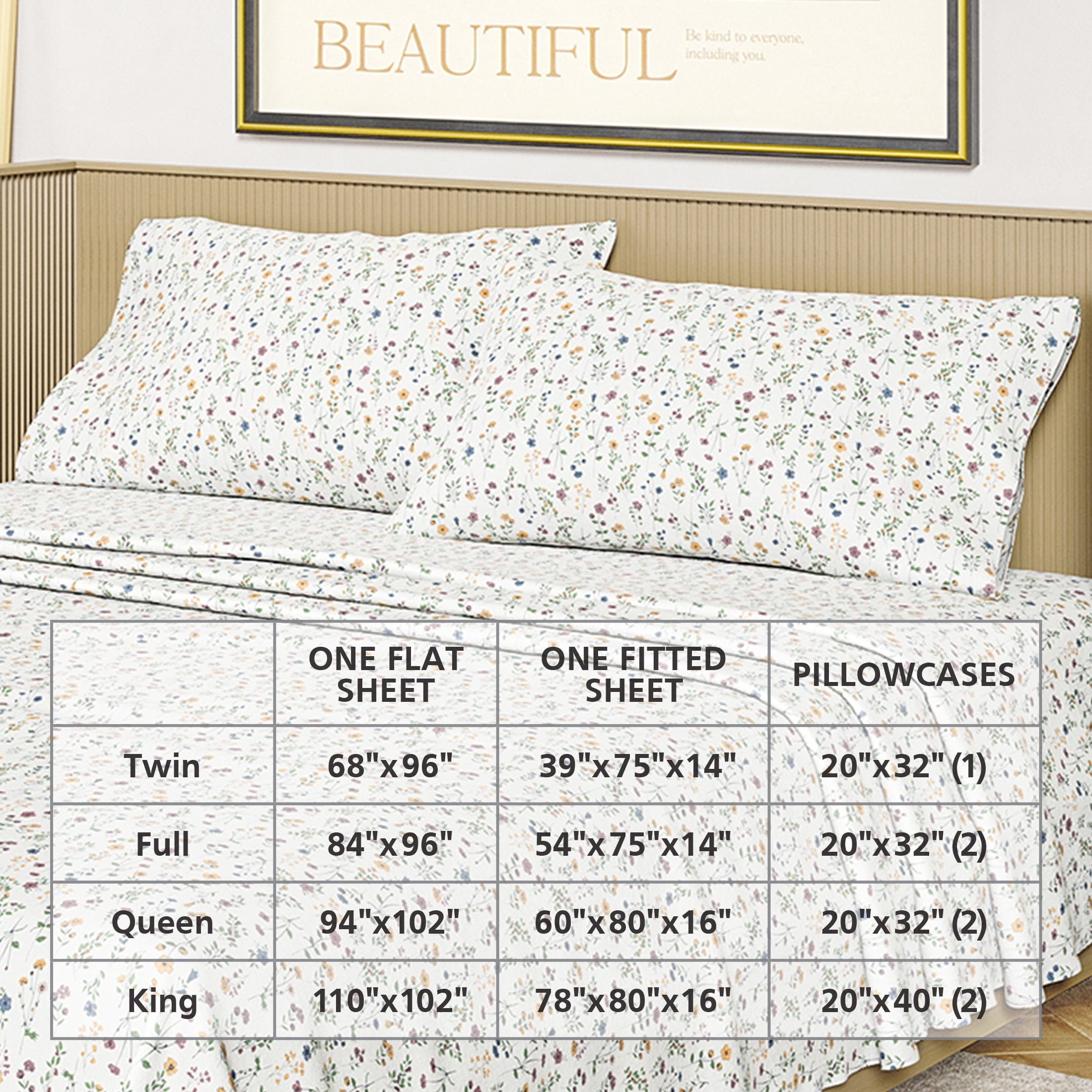 Premium Egyptian Cotton Botanical 4-Piece 100% Cotton Washed Percale White Sheet Set, Queen - Breathable Egyptian Cotton Flat & Fitted Sheets Detail