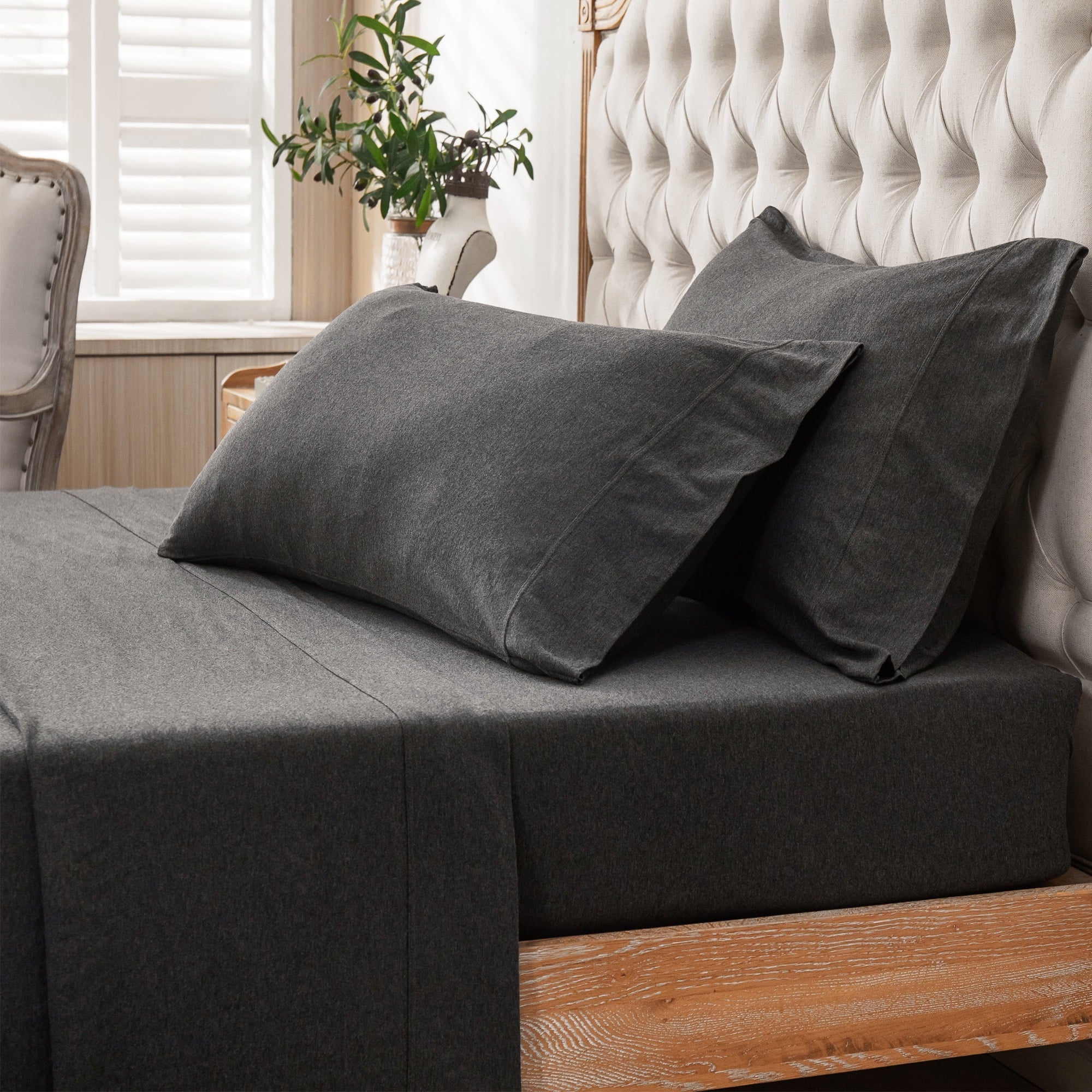 Ultra-Soft 100% Cotton Jersey Knit 4pc Bed Sheet Set Extra Deep Pocket up to 20" Charcoal Gray Queen - Luxury Bed Sheet Set with Deep Pockets Detail