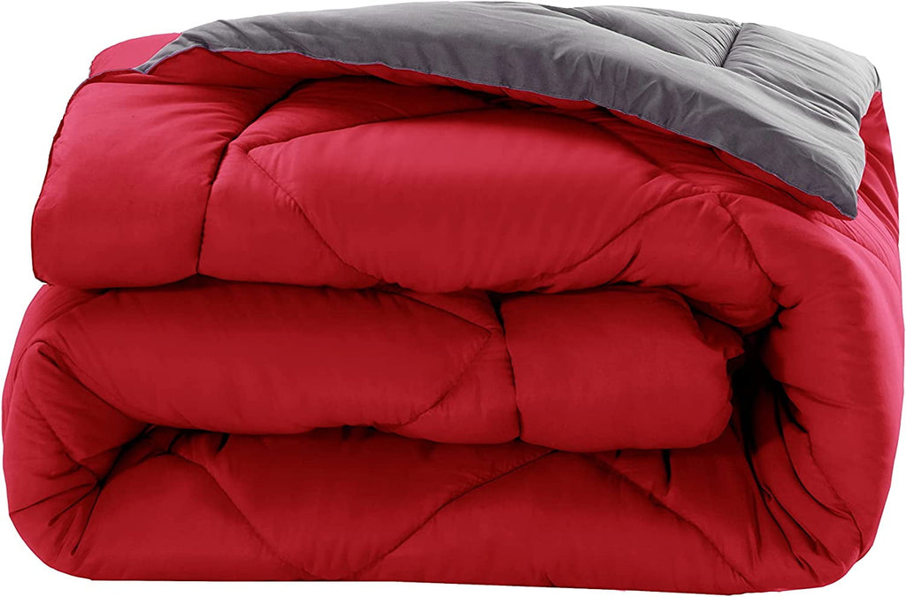 Fluffy Down Alternative Reversible 3pc Comforter Set- Available In A Few Sizes And Colors , Full/Queen, Red/Gray - All-Season Down Alternative Comforter Insert Detail