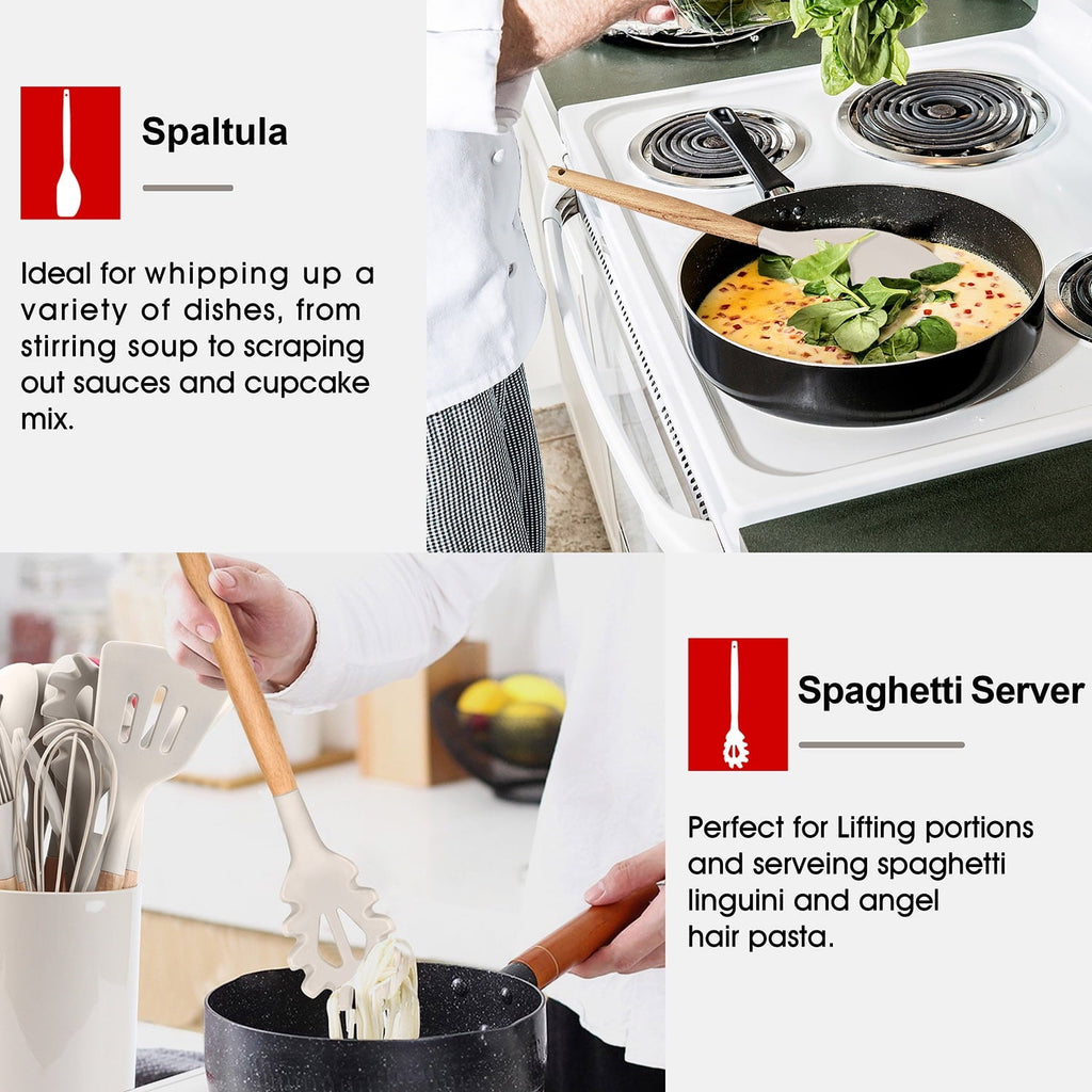 Non-Stick Safe Kitchen Utensils Set of 6, Silicone Cooking Utensils with Wooden Handle, Non-Stick Cookware & Heat Resistant, Include... - Ergonomic Kitchen Tongs and Cooking Spoon Utensil Detail
