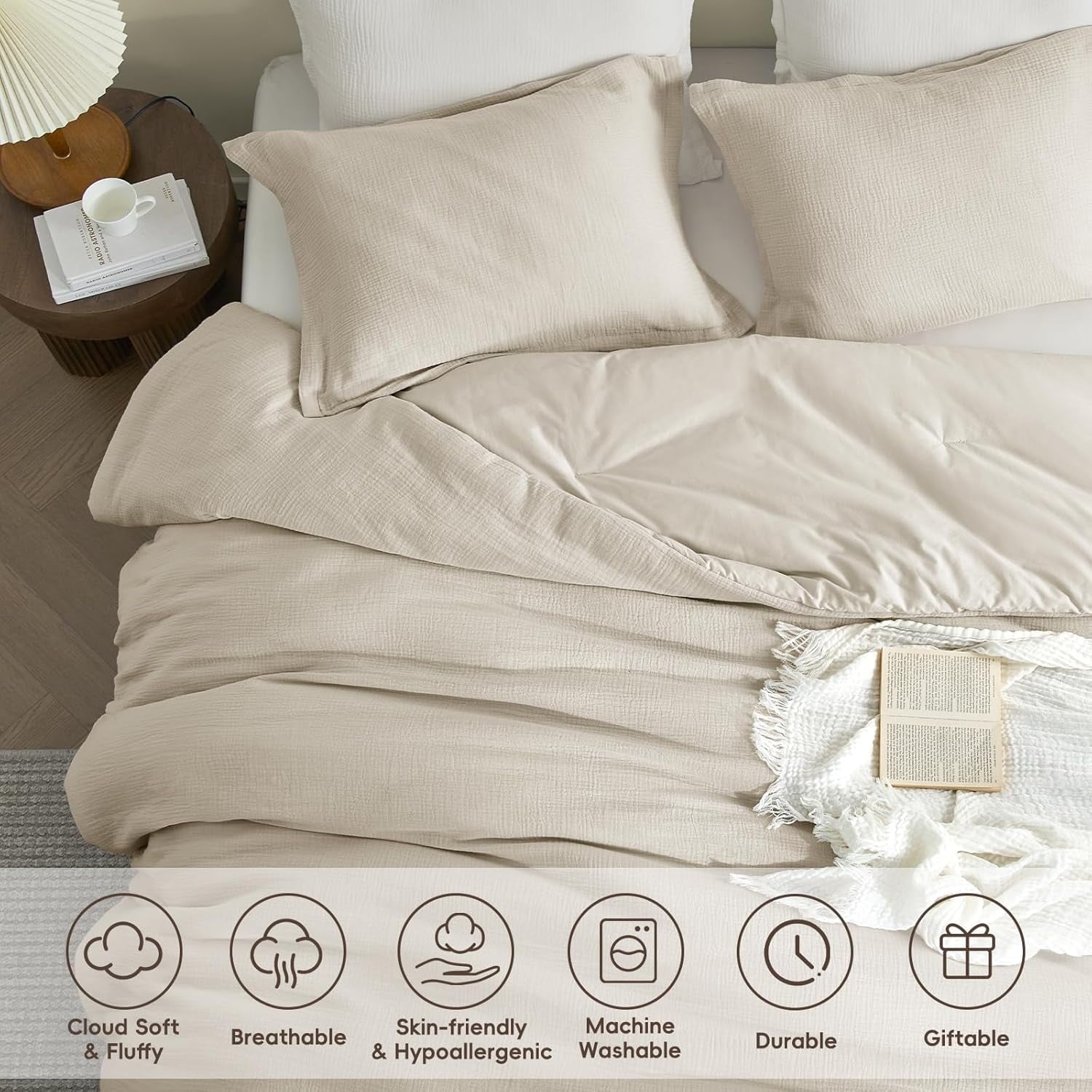 Fluffy Down Alternative Cotton Muslin Comforter Set Queen Size, Ultra Soft Breathable & Lightweight Bedding Set for All Seasons, 1 Comfy Comf... - Hypoallergenic Ultra-Fluffy Quilt for Winter Detail