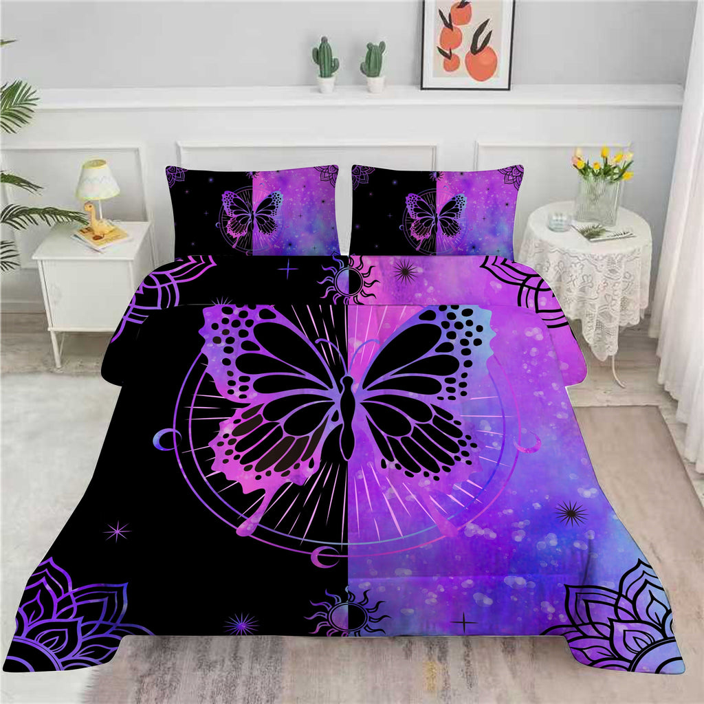 All-Season Butterfly Comforter Set Full Size for Girls Kids Teens Black Blue Purple Tie Dye Bedding Set 3 Pieces - Luxurious Quilted Duvet Cover Set Detail