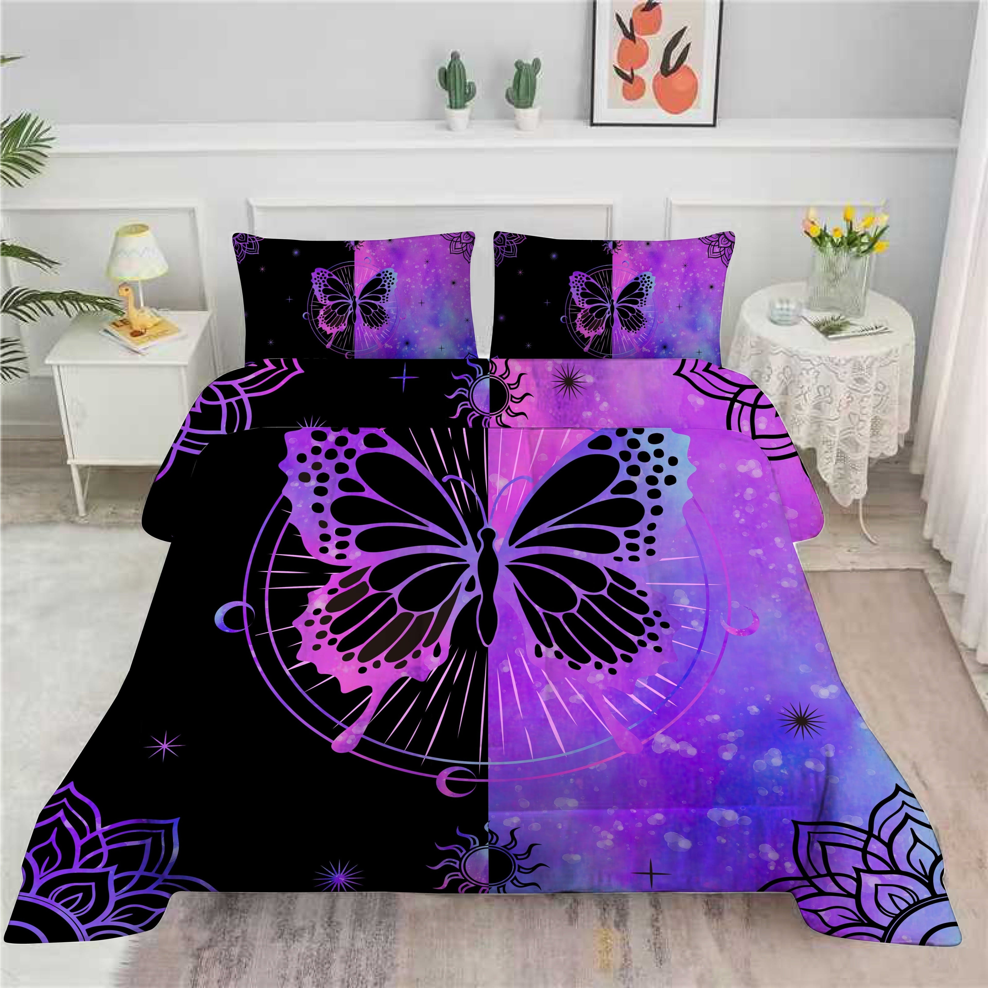 All-Season Butterfly Comforter Set Full Size for Girls Kids Teens Black Blue Purple Tie Dye Bedding Set 3 Pieces - Luxurious Quilted Duvet Cover Set Detail