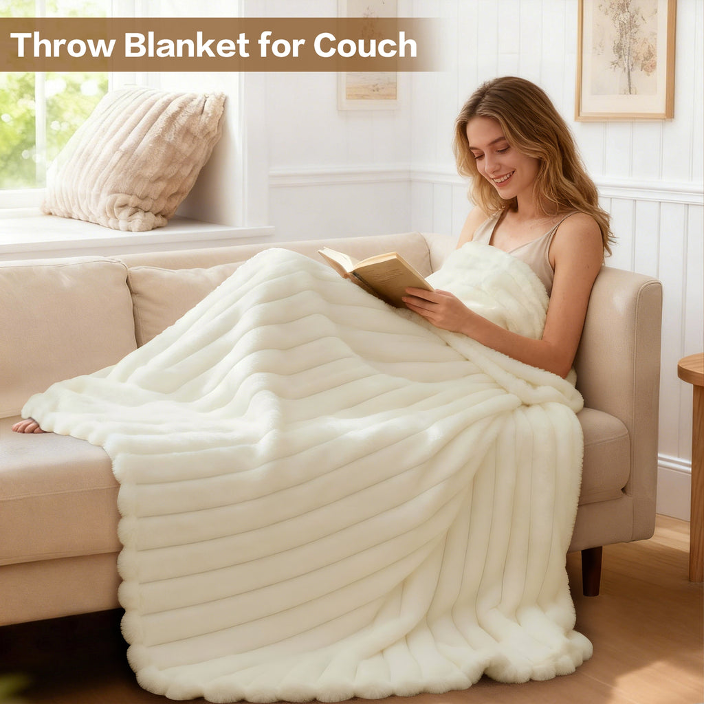 Reversible Sherpa White Fleece Throw Blanket for Couch, Super Soft Cozy Blankets and Throws, Decorative Fleece Blankets for Women Men G... - Luxury Knitted Decorative Throw Blanket with Fringes Detail