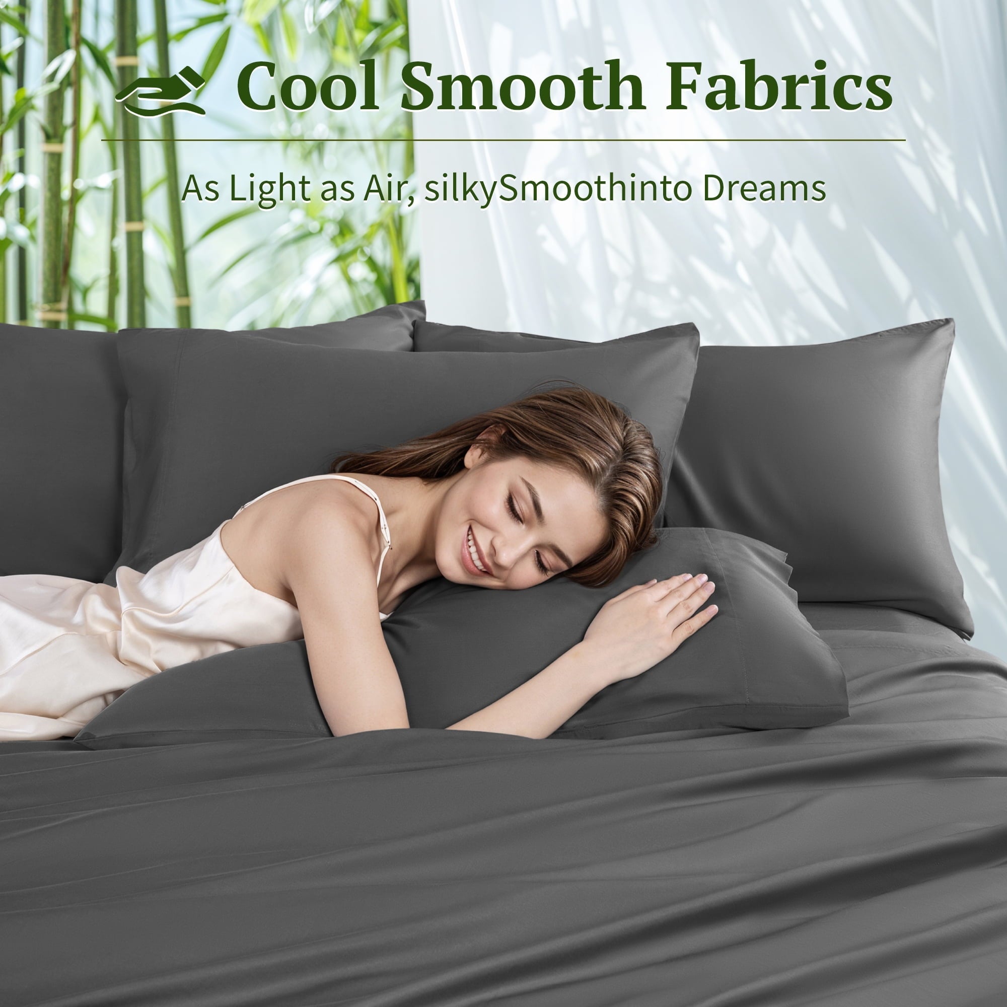 Wrinkle-Resistant 6 Pieces Bamboo Bed Sheets Set, Luxury Rayon Derived - Deep Pockets - Wrinkle Free - Extremely Soft, Queen, Dark Gray - Breathable Egyptian Cotton Flat & Fitted Sheets Detail
