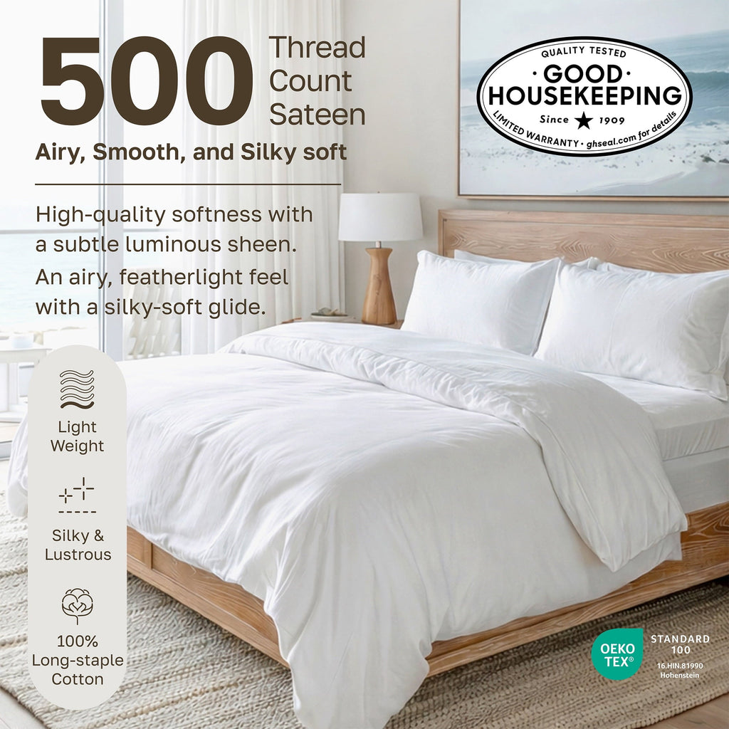 Breathable Luxury 500-Thread-Count 100% Cotton Sheet White Queen-Sheets Set, 4-Piece Extra Long-Staple Combed Cotton Bedding Sheets for... - Breathable Egyptian Cotton Flat & Fitted Sheets Detail