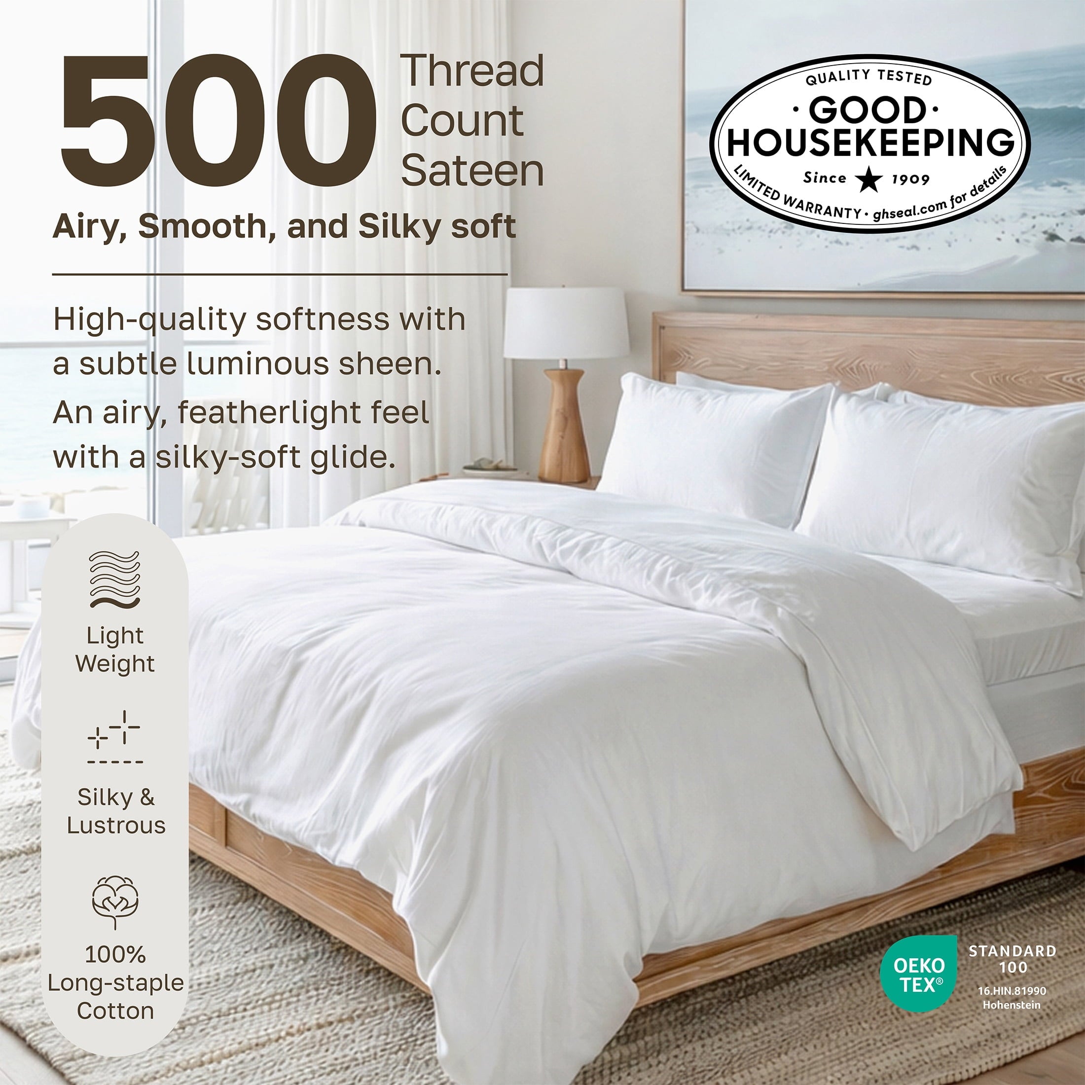 Breathable Luxury 500-Thread-Count 100% Cotton Sheet White Queen-Sheets Set, 4-Piece Extra Long-Staple Combed Cotton Bedding Sheets for... - Breathable Egyptian Cotton Flat & Fitted Sheets Detail
