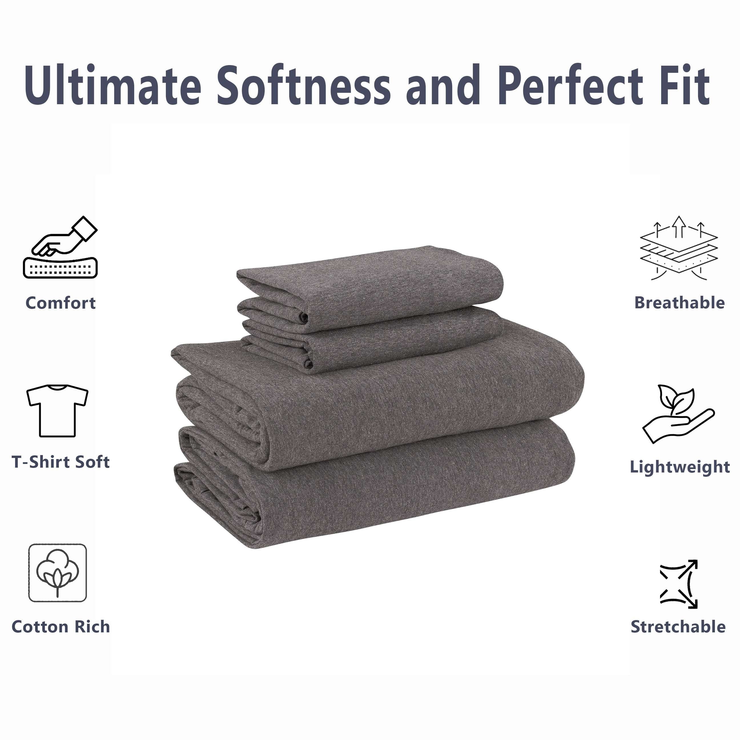 Breathable Luxury Cotton Rich Extra Soft Jersey Bed Sheet Set, Queen, Charcoal, 4 Pieces - Luxury Bed Sheet Set with Deep Pockets Detail