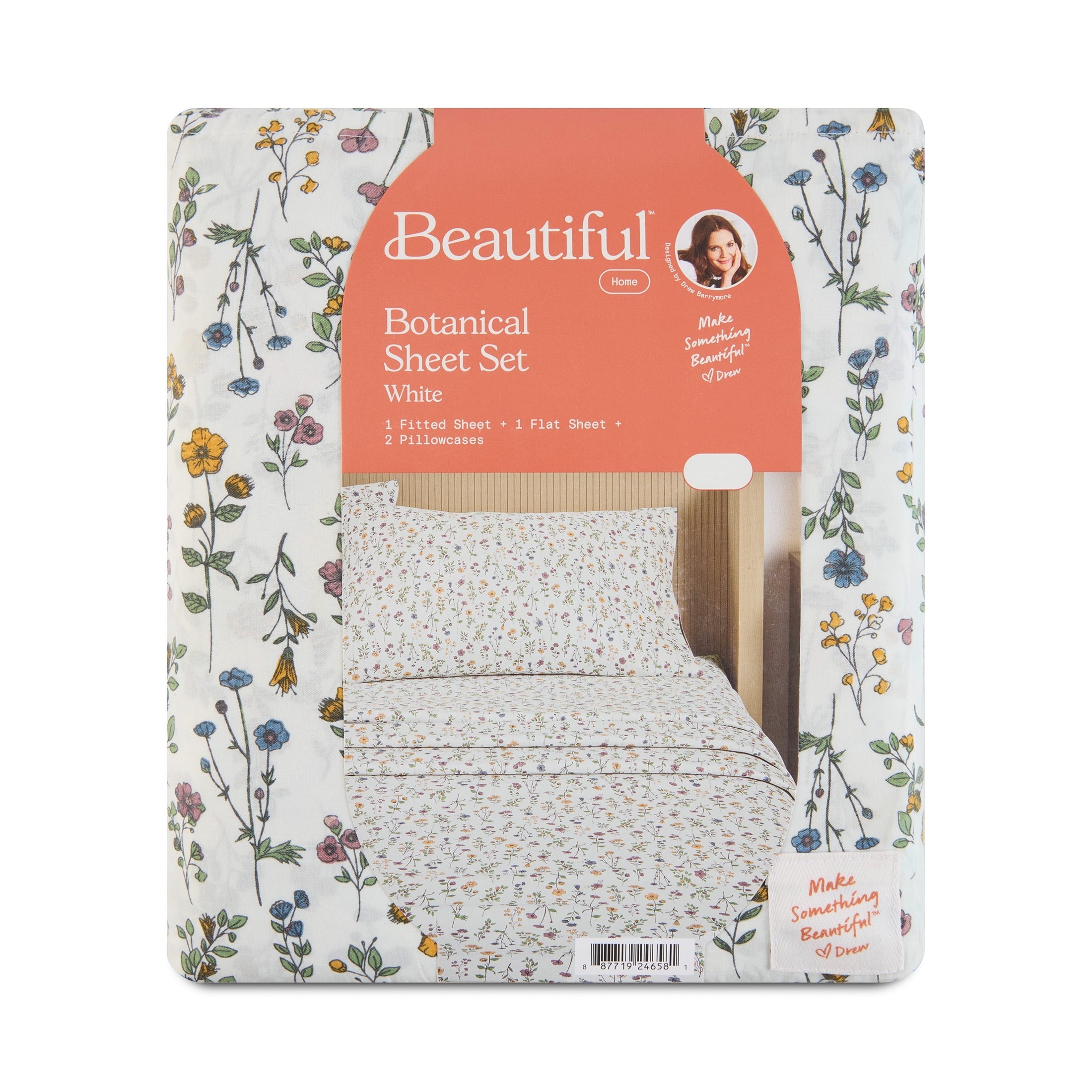 Premium Egyptian Cotton Botanical 4-Piece 100% Cotton Washed Percale White Sheet Set, Queen - Breathable Egyptian Cotton Flat & Fitted Sheets Detail