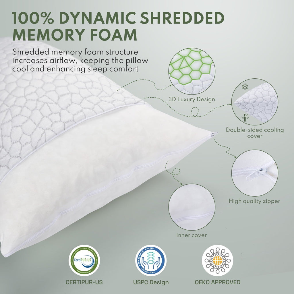 Fluffy Shredded Queen Size Bed Pillows 4-Pack,3.3lb Shredded Memory Foam Filled,Hyper Soft & 3D Breathable Cooling Desigh Cover Fitti... - Hotel Quality Plush Sleeping Pillows Detail