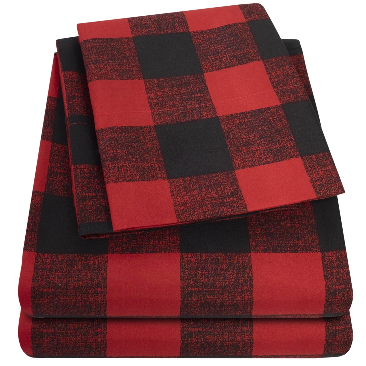 Wrinkle-Resistant Buffalo Plaid Black and Red 4 Piece Bed Sheet Set - Twin - Cooling Hotel Quality Bedding Sheets and Pillowcases Detail