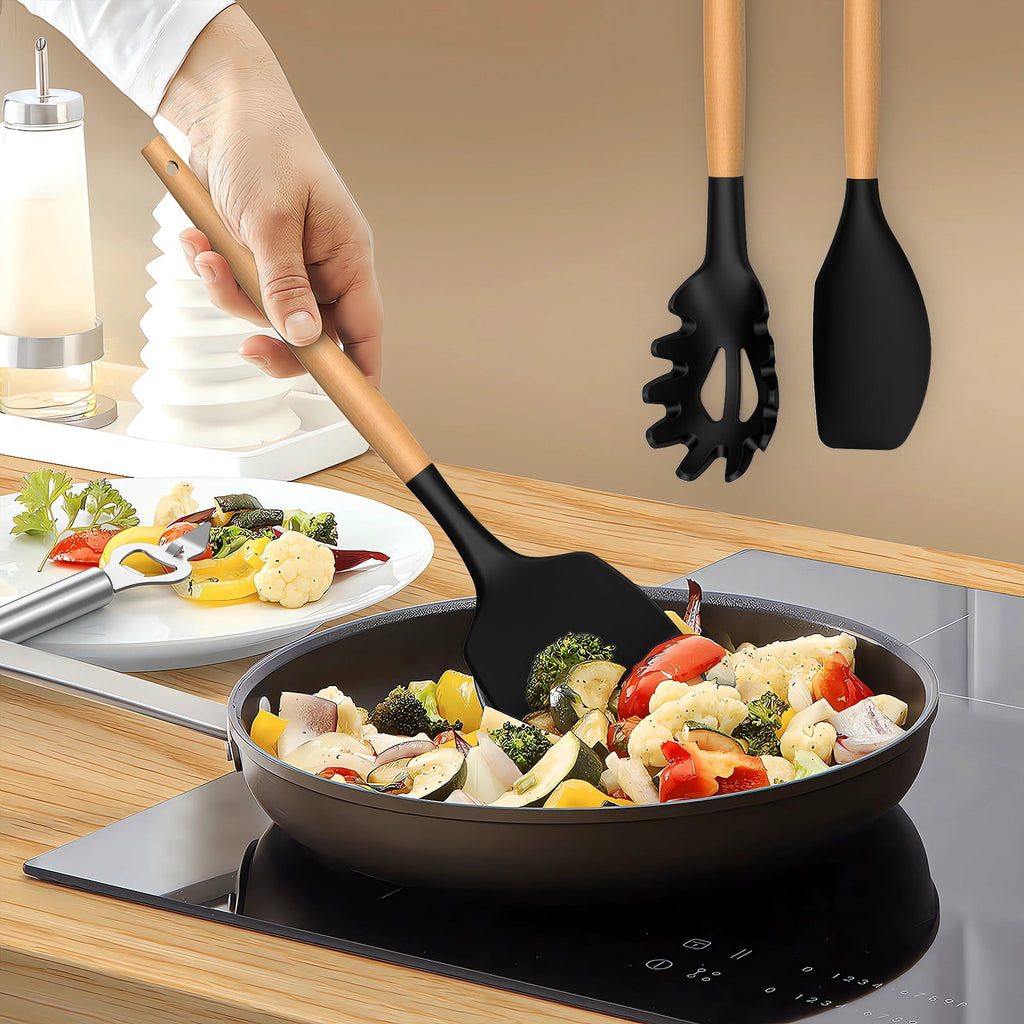 Chef-Quality Silicone Cooking Utensils Set - Silicone Kitchen Utensils for Cooking Wooden Handles, 446°F Heat Resistant Kitchen Ut... - Multi-Purpose Hand Tool for Daily Meal Prep Detail