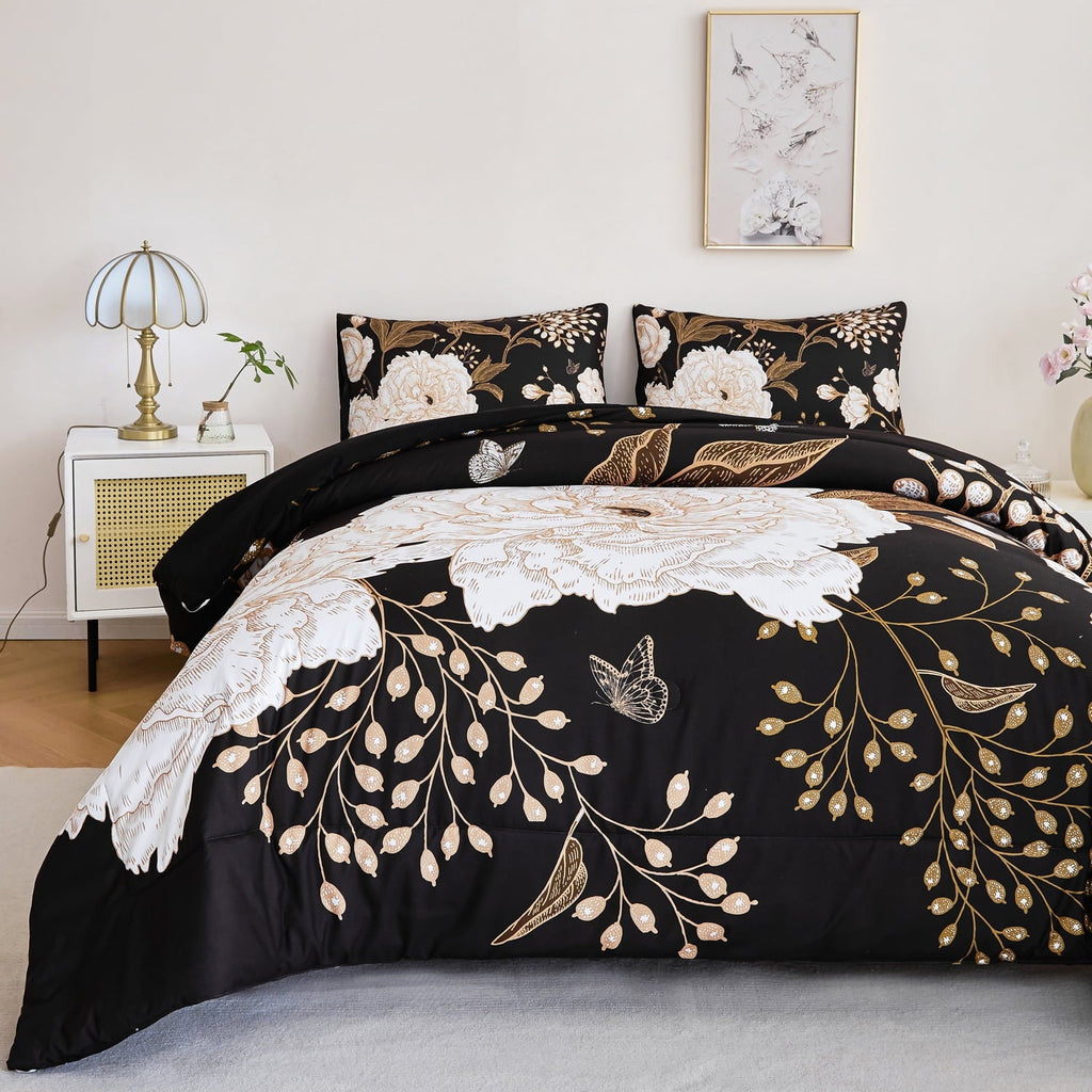 Hypoallergenic Cloud Black Floral Comforter Set Queen, Printed Comforter White Flowers Butterfly Bedding Set, 3 Pieces Botanical Reversibl... - Hypoallergenic Ultra-Fluffy Quilt for Winter Detail
