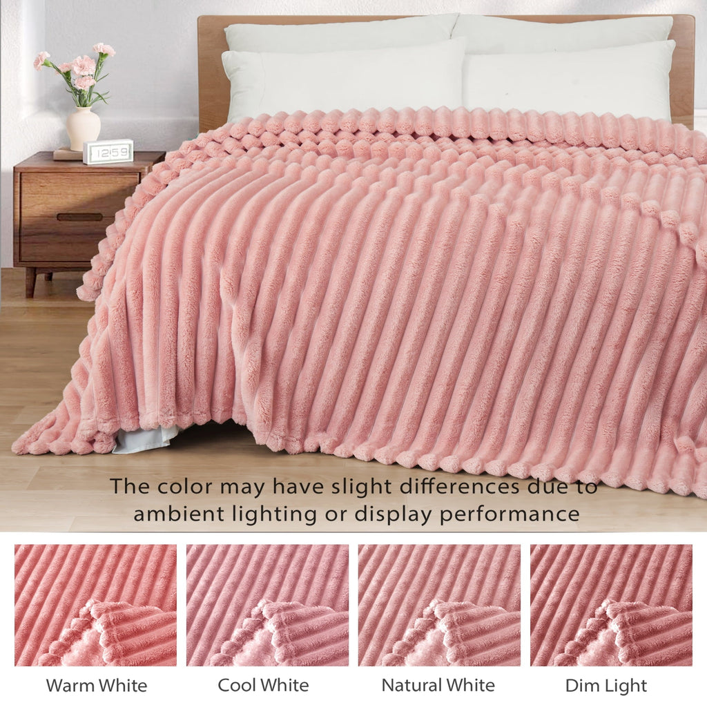 Decorative Knitted Fleece Throw Blanket for Couch, Super Soft 3D Striped Jacquard Blanket, Lightweight Fuzzy Cozy Blankets, Pink, 50"x60" - Cozy Fleece Throw Blanket for Couch & Bed Detail