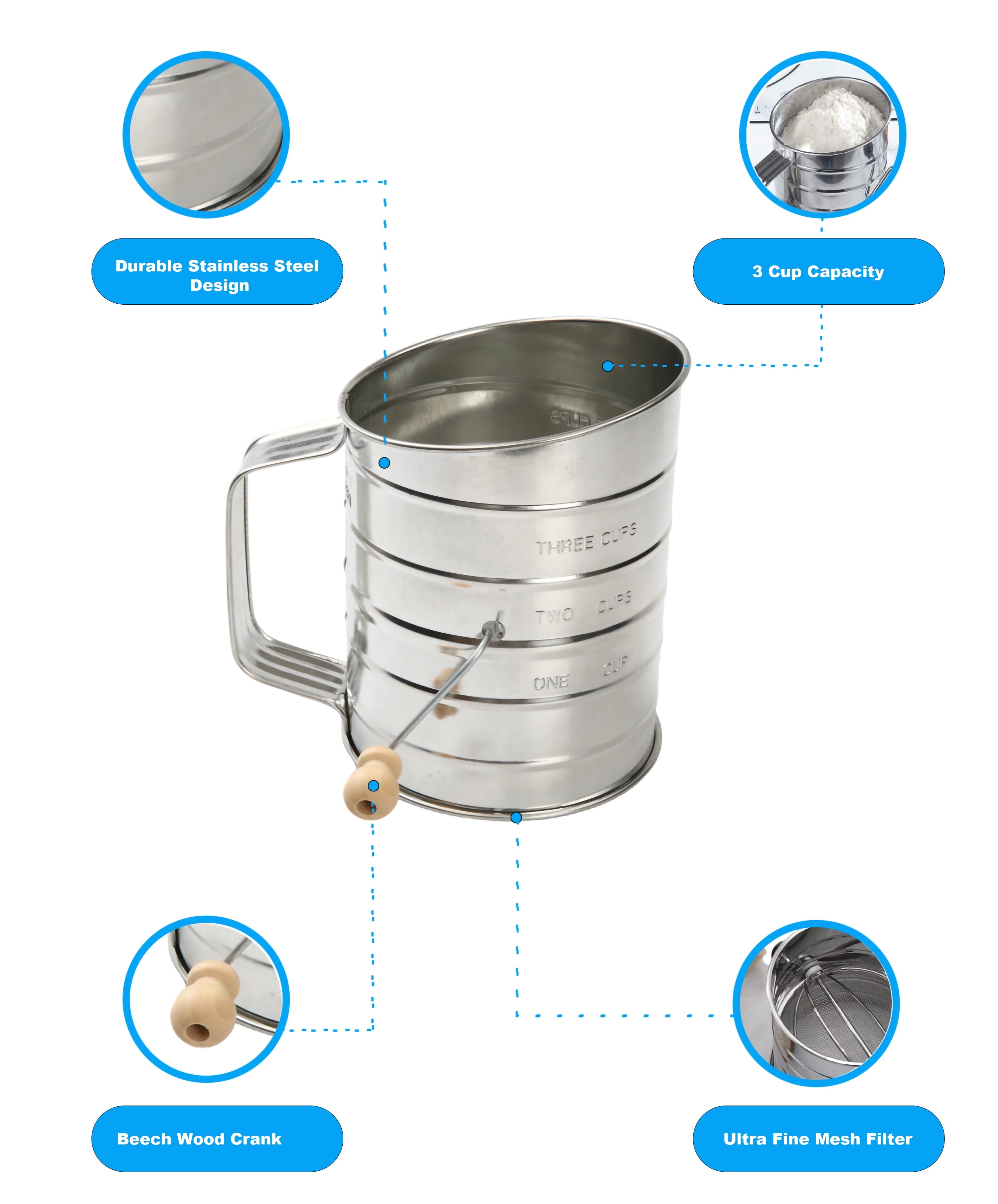 Time-Saving Stainless Steel 3 Cup Flour Hand-Crank Sifter with Beechwood Handle Silver - Innovative Kitchen Helper for Modern Cooking Detail
