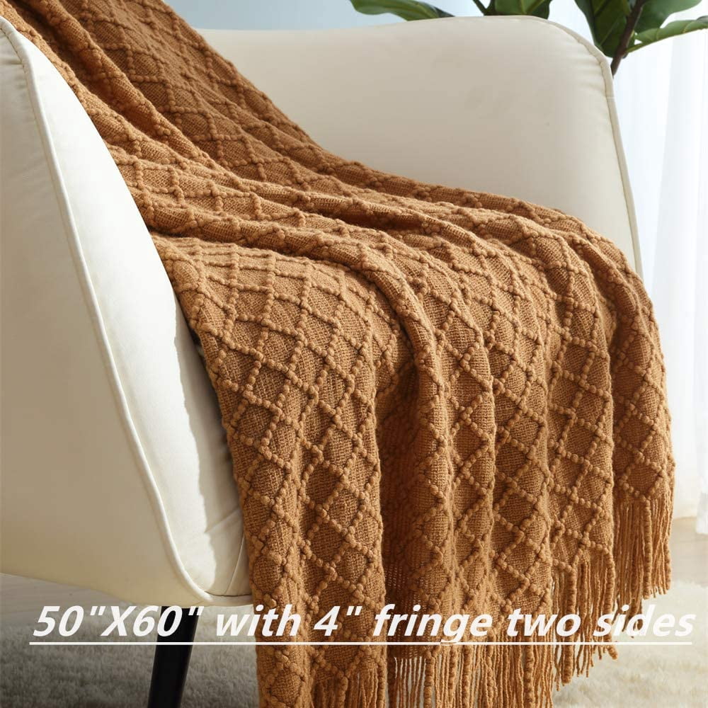 Decorative Knitted Home Decor Rustic Couch Sofa Chair Bed Throw Blanket, Soft Warm Light Weight in Spring Summer (50''X60'' Brown) - Luxury Knitted Decorative Throw Blanket with Fringes Detail