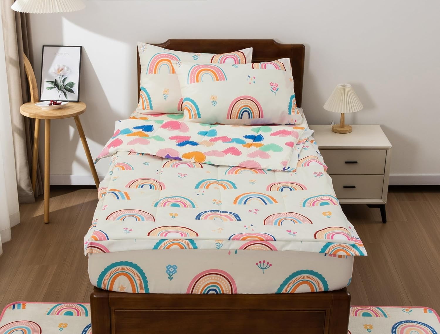 Luxurious Quilted 3-Piece Kids Comforter Set Twin Zipper Bedding for Girls, Rainbow Comforter with Flower Pattern (Beige) - Luxurious Quilted Duvet Cover Set Detail