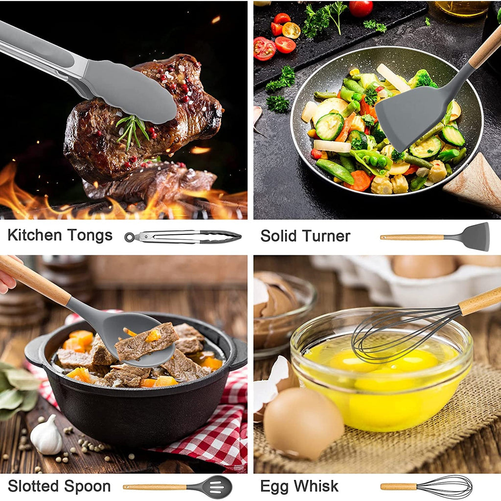 Heavy Duty Silicone Cooking Utensils Set, 446°F Heat Resistant Wooden Handle Cooking Kitchen Utensils Spatula Set with Holder fo... - Professional Kitchen Tool for Culinary Enthusiasts Detail