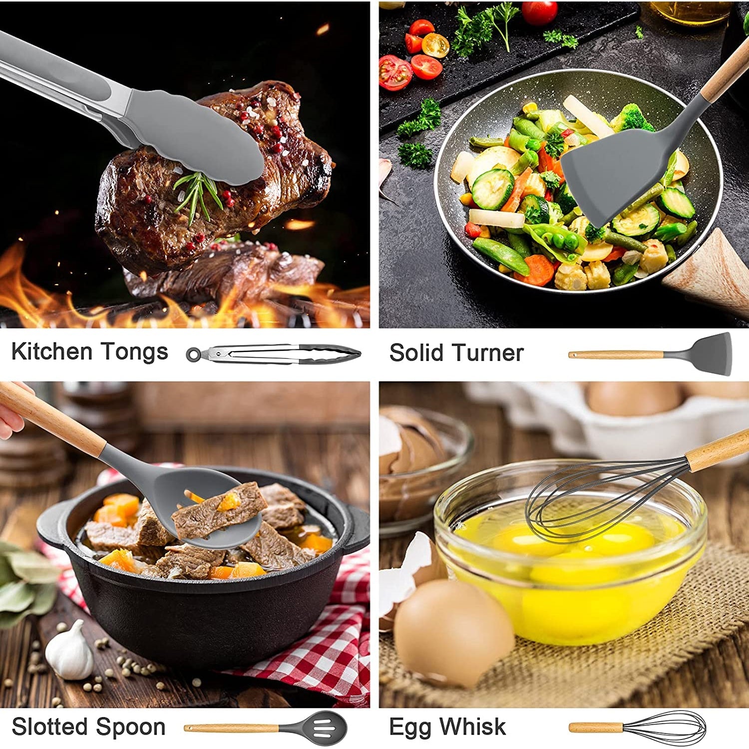Heavy Duty Silicone Cooking Utensils Set, 446°F Heat Resistant Wooden Handle Cooking Kitchen Utensils Spatula Set with Holder fo... - Professional Kitchen Tool for Culinary Enthusiasts Detail