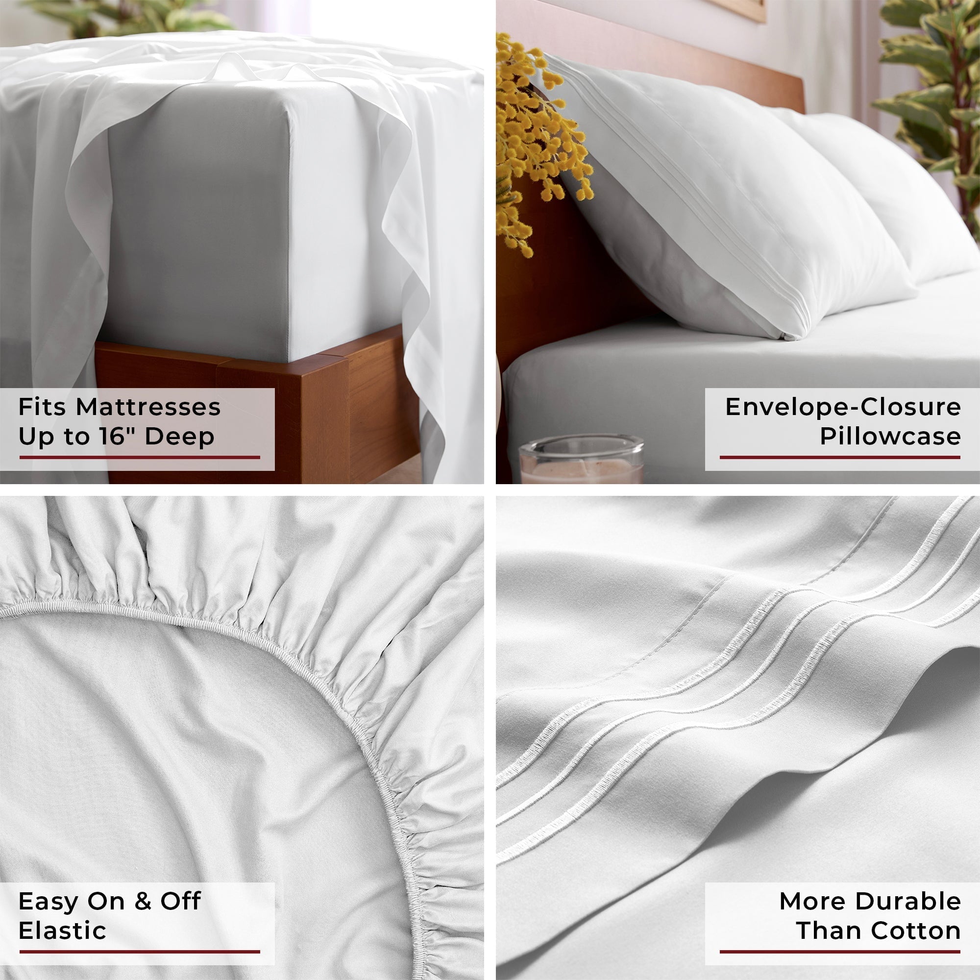 Wrinkle-Resistant Iconic 6 Piece Bed Sheet Set Brushed Microfiber, Deep Pocket, Queen, White - Premium Ultra-Soft Pillowcase Pair for Sleeping Detail