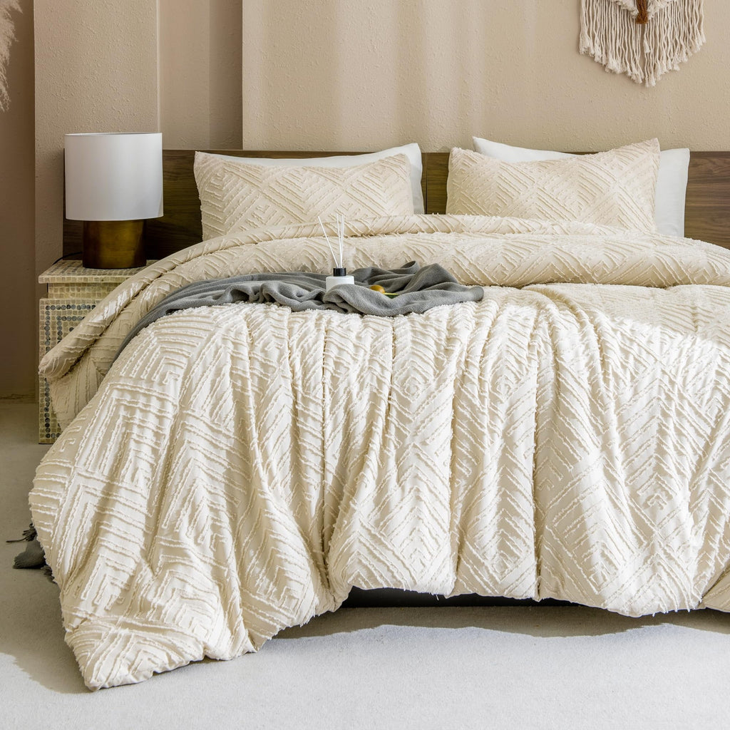 Heavyweight Warmth King Size Comforter Sets Beige - 3 Pieces Cream Boho Bedding Comforter Set for King Bed - Soft Fluffy Tufted Textured... - All-Season Down Alternative Comforter Insert Detail