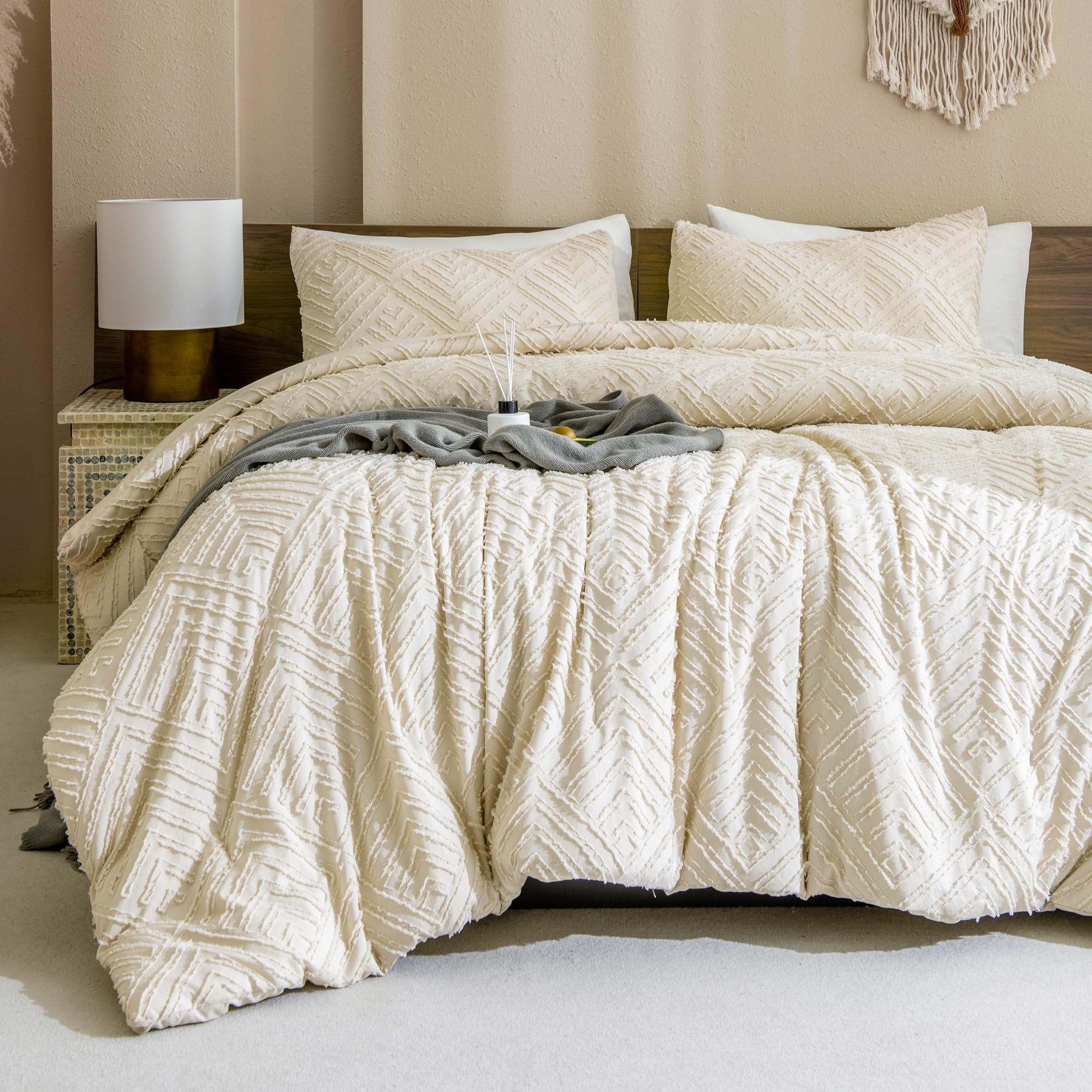 Heavyweight Warmth King Size Comforter Sets Beige - 3 Pieces Cream Boho Bedding Comforter Set for King Bed - Soft Fluffy Tufted Textured... - All-Season Down Alternative Comforter Insert Detail