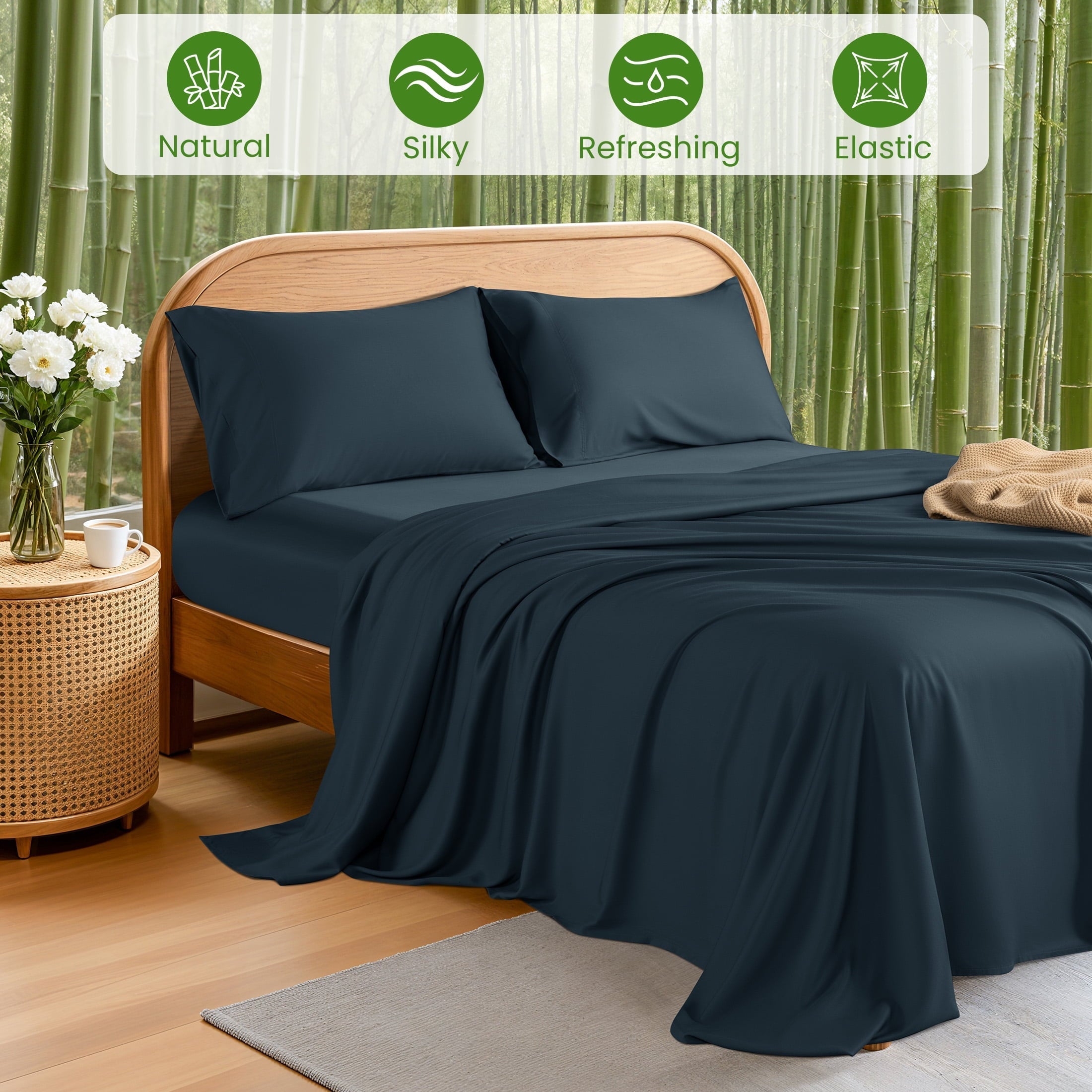 Wrinkle-Resistant 100% Organic Luxurious Bamboo Sheets, Queen Sheet Set 4-Piece with 16" Deep Pocket, Silky Smooth Luxury Bed Sheets, N... - Breathable Egyptian Cotton Flat & Fitted Sheets Detail