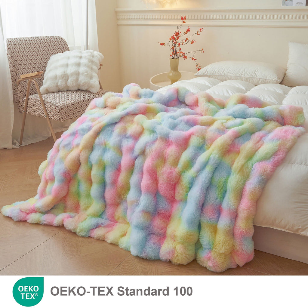 Lightweight Warm Fluffy Faux Rabbit Fur Bubble Throw, Rainbow Plush Shaggy Blanket for Couch Sofa Chair, Soft Tie Dye Furry Blanket Ad... - Cozy Fleece Throw Blanket for Couch & Bed Detail