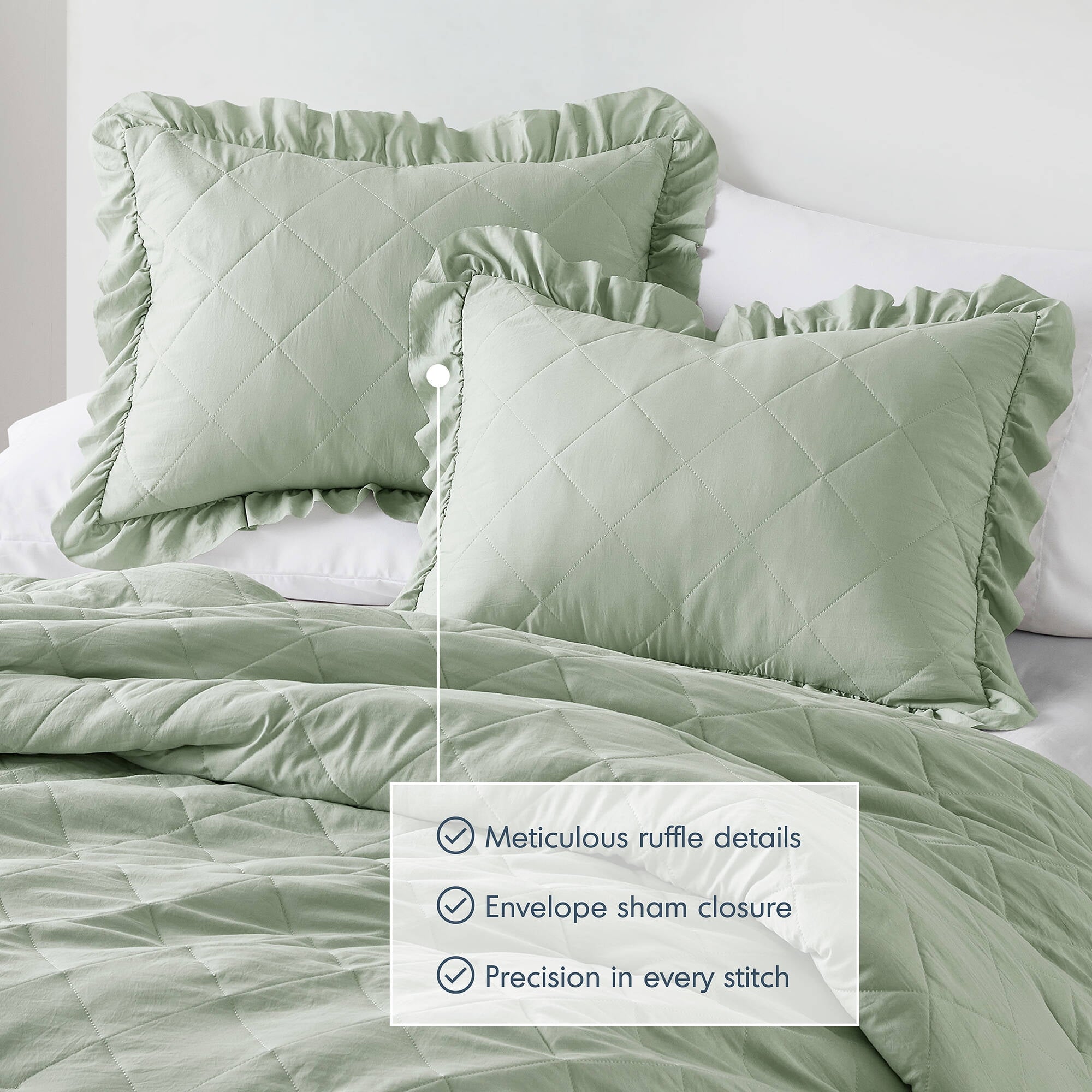 Heavyweight Warmth Full/Queen Comforter Set Sage, 3 Pieces Quilted Ruffle Comforters Full/Queen Size, Solid Bedding Comforters Sets, Gif... - Luxurious Quilted Duvet Cover Set Detail