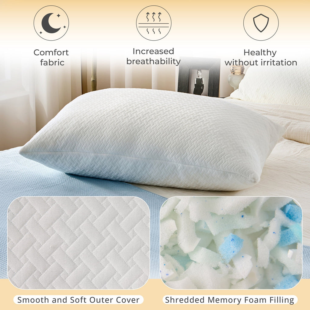Decorative Plump 2 Pack Bed Pillow, Shredded Gel Memory Foam Pillow, Standard Queen, Medium, Made in USA - Ergonomic Memory Foam Pillow for Neck Pain Support Detail