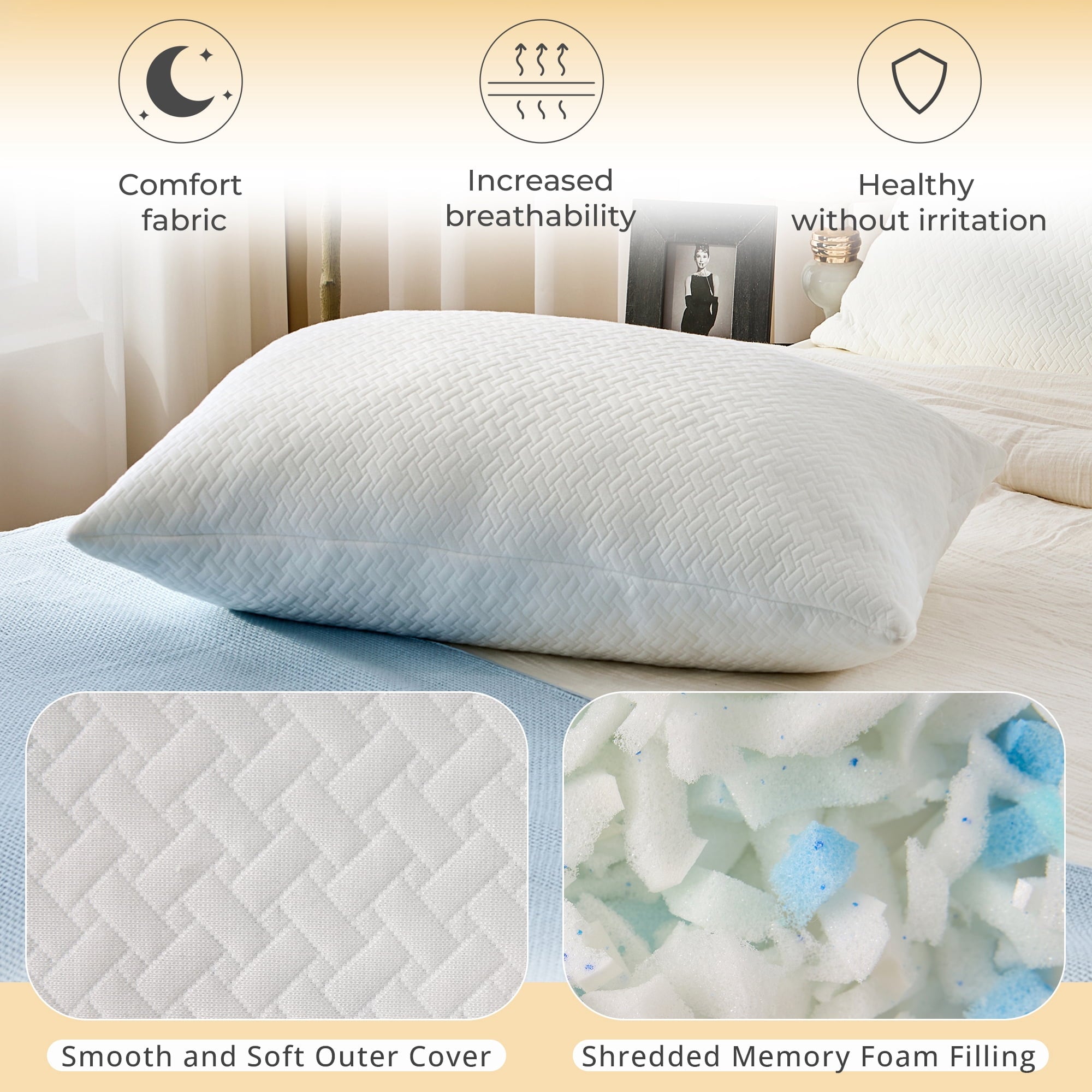 Decorative Plump 2 Pack Bed Pillow, Shredded Gel Memory Foam Pillow, Standard Queen, Medium, Made in USA - Ergonomic Memory Foam Pillow for Neck Pain Support Detail