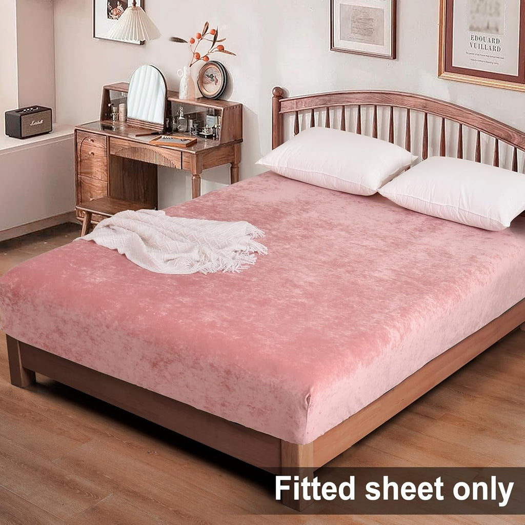 Breathable Luxury Truly Velvet Fitted Sheet Twin Size, Luxury Super Soft Flannel Bottom Sheet with 15" Deep Pocket for Winter, Pink - Breathable Egyptian Cotton Flat & Fitted Sheets Detail