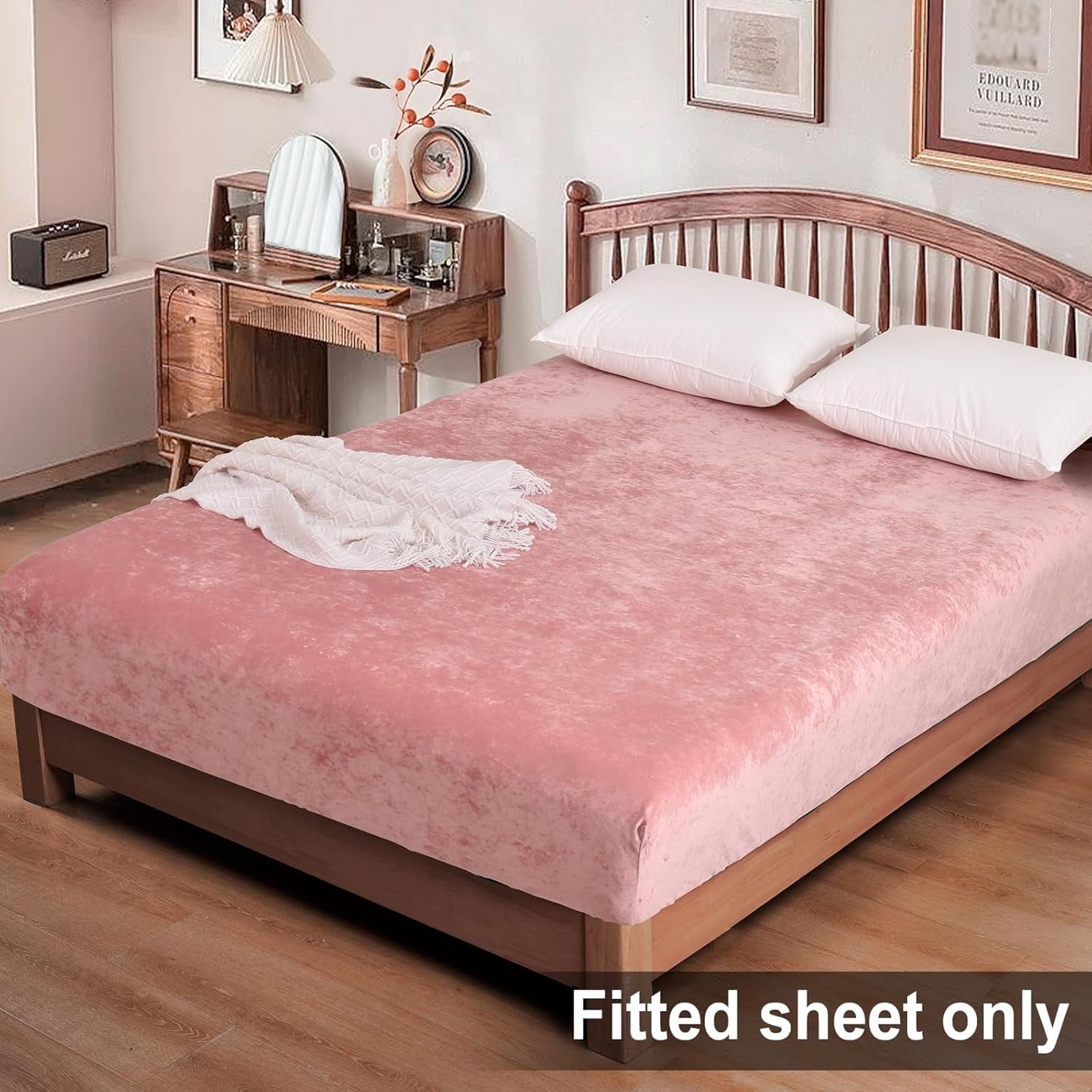 Breathable Luxury Truly Velvet Fitted Sheet Twin Size, Luxury Super Soft Flannel Bottom Sheet with 15" Deep Pocket for Winter, Pink - Breathable Egyptian Cotton Flat & Fitted Sheets Detail