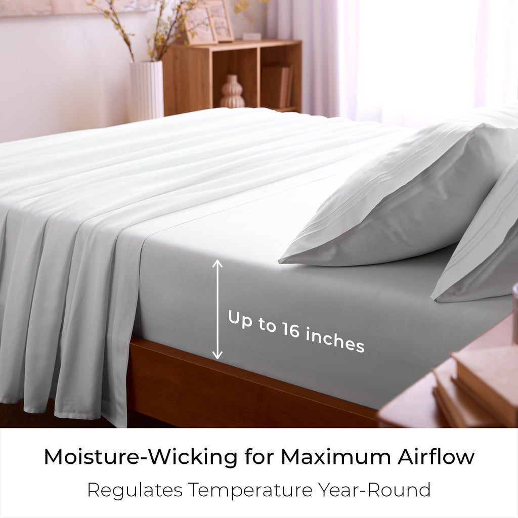 Wrinkle-Resistant Iconic 6 Piece Bed Sheet Set Brushed Microfiber, Deep Pocket, Queen, White - Premium Ultra-Soft Pillowcase Pair for Sleeping Detail
