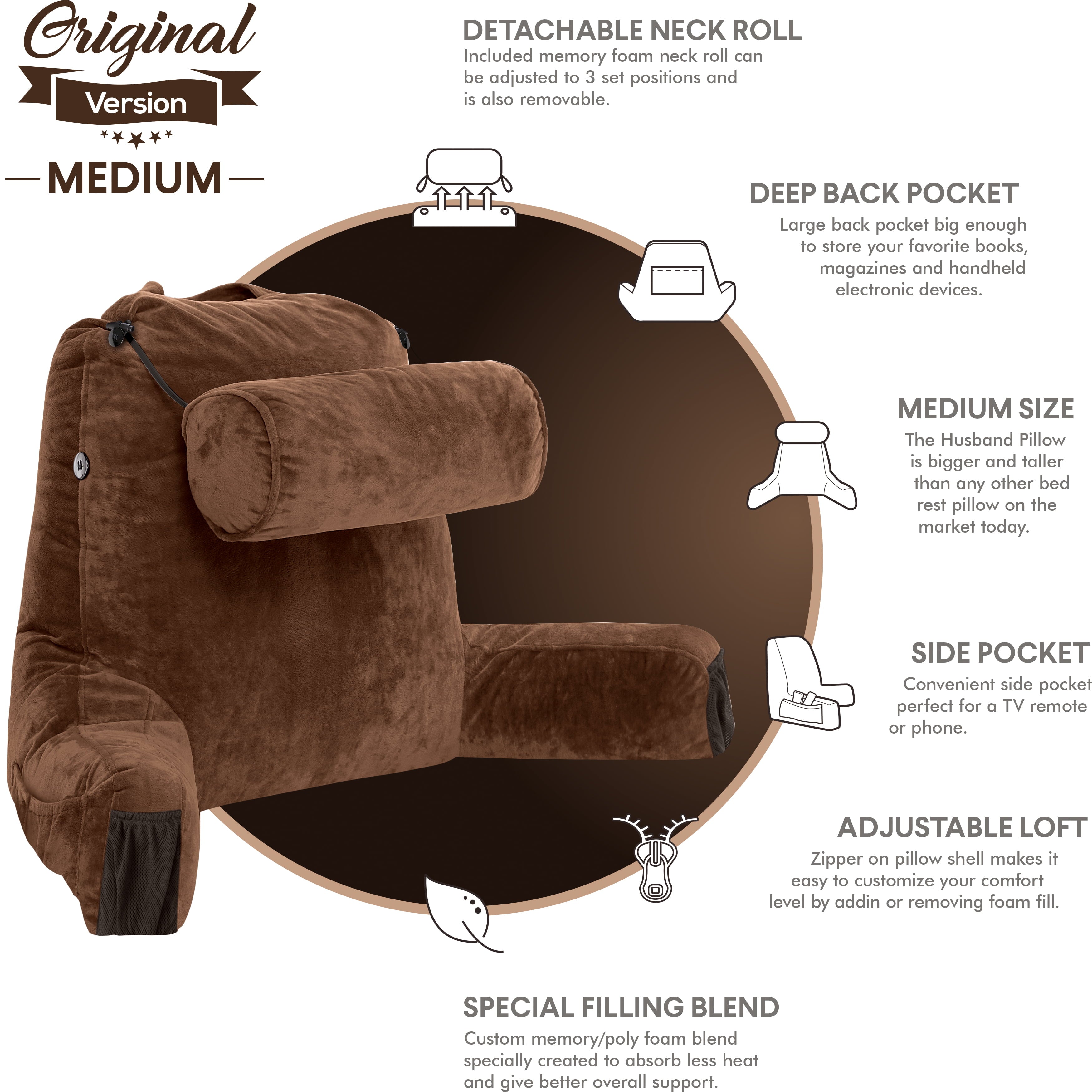 Hotel Collection Medium Chocolate Brown, Backrest - Detach Neck Roll, Removable Cover - Orthopedic Shredded Foam Bed Pillow Set Detail