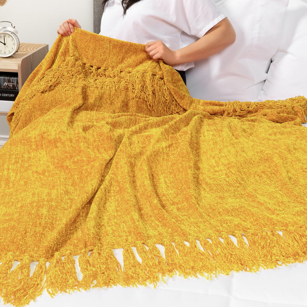 Decorative Knitted Mustard Yellow Chenille Throw Blanket for Couch, Soft Gold Knit Blanket with Tassel Fringe, Woven Chenille Knitted De... - Lightweight Plush Warm Blanket for All Seasons Detail