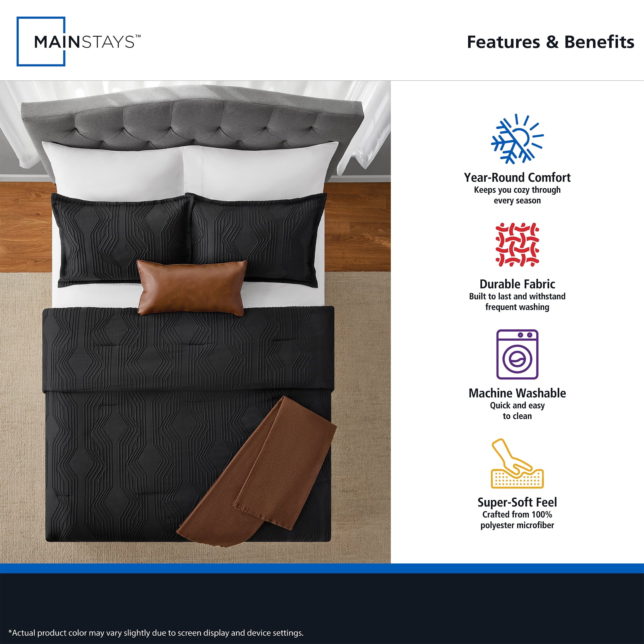 Luxurious Quilted Full/Queen Comforter Set, All-Season, 5-Piece, Black Jacquard Geo - Luxurious Quilted Duvet Cover Set Detail