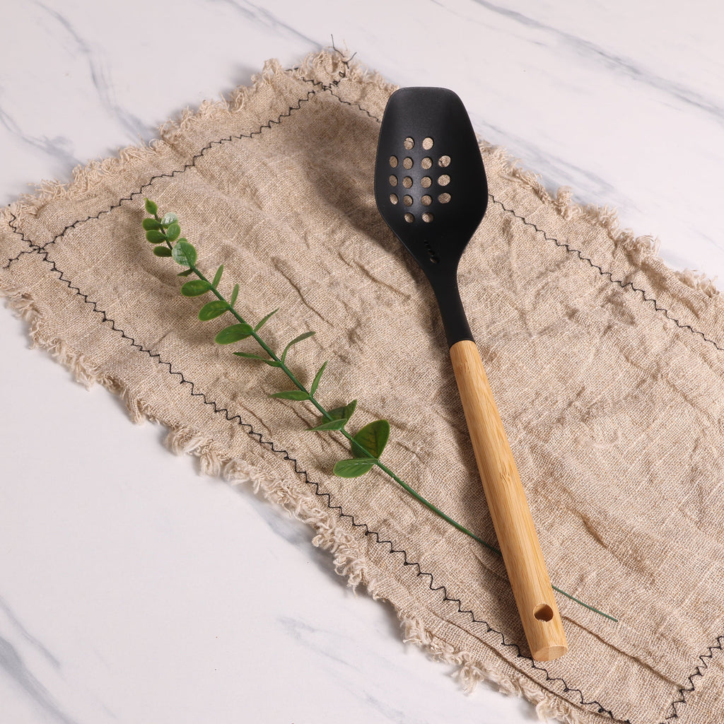 Professional Grade Cooking Spoon with Bamboo Handle, 12.6"2.7", & Bamboo, Black - Professional Kitchen Tool for Culinary Enthusiasts Detail