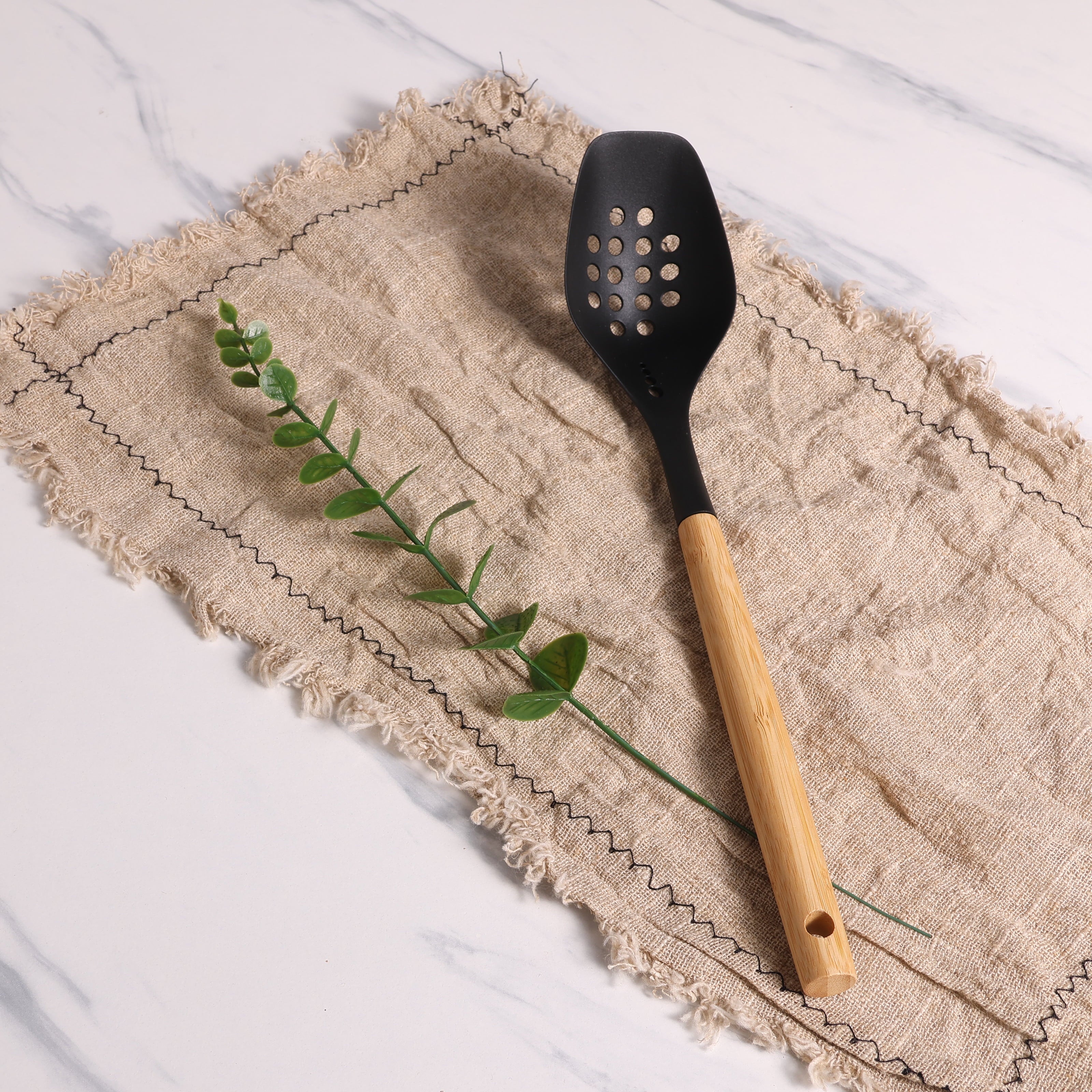 Professional Grade Cooking Spoon with Bamboo Handle, 12.6"2.7", & Bamboo, Black - Professional Kitchen Tool for Culinary Enthusiasts Detail