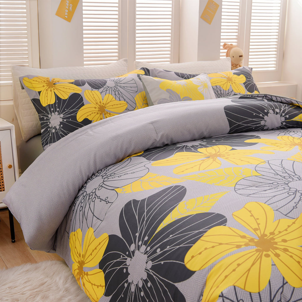 Heavyweight Warmth Yellow Floral Comforter Set Queen Flower Bed Set Adult Soft Botanical Boho Bedding Set - Luxurious Quilted Duvet Cover Set Detail