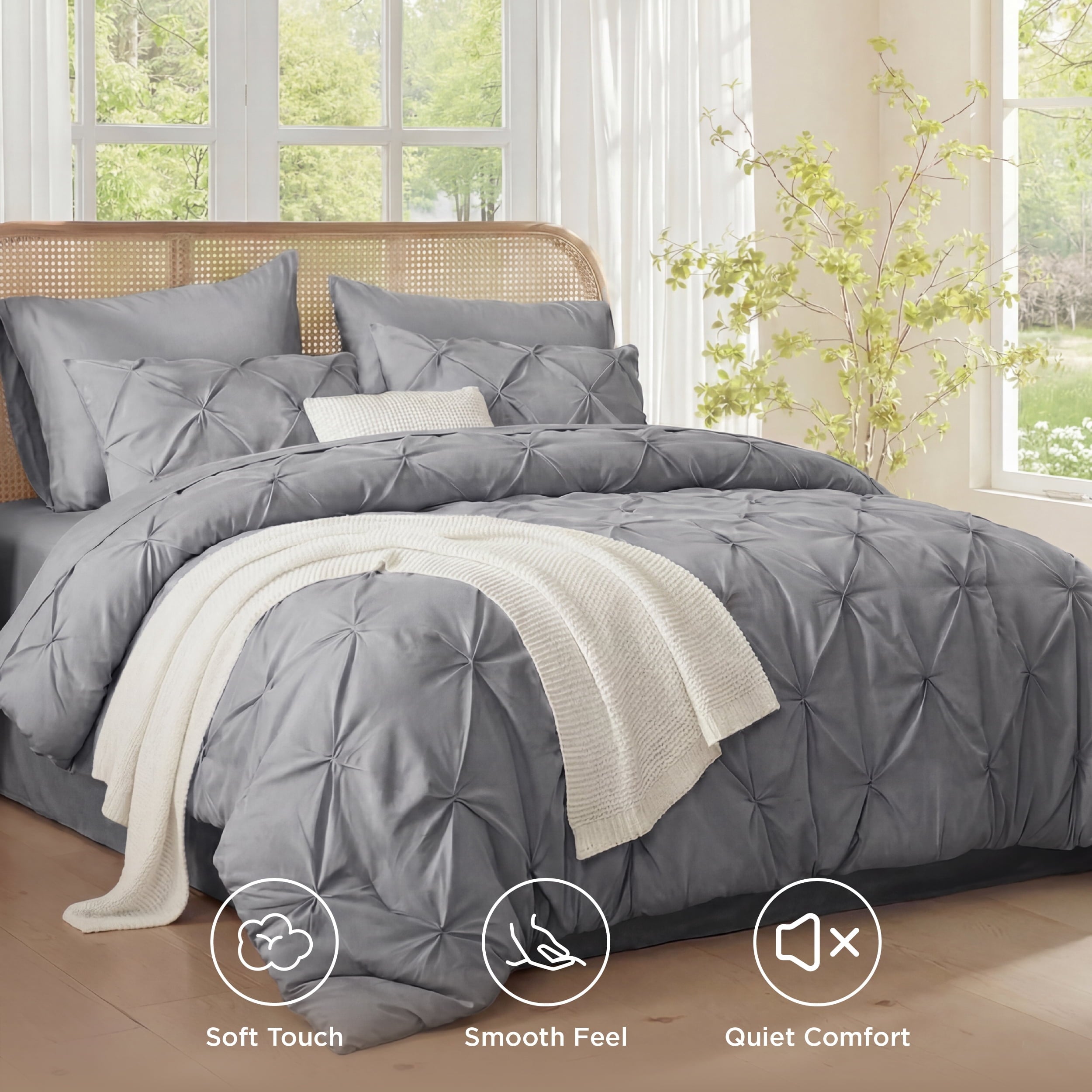 Hypoallergenic Cloud Queen Comforter Set Grey, Bed in a Bag Queen Size Bedding, 7 Pieces Pinch Pleat All Season Comforter - All-Season Down Alternative Comforter Insert Detail