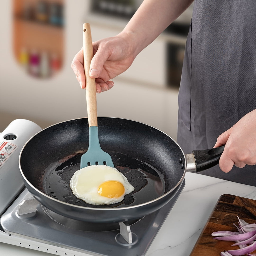 Ergonomic Cooking Small Silicone Cooking Utensils with Holder Set (12Pack), Aqua Kitchen Tools with Wooden Handle for Nonstick... - Durable Turner & Ladle Utensil Set for Home Chefs Detail